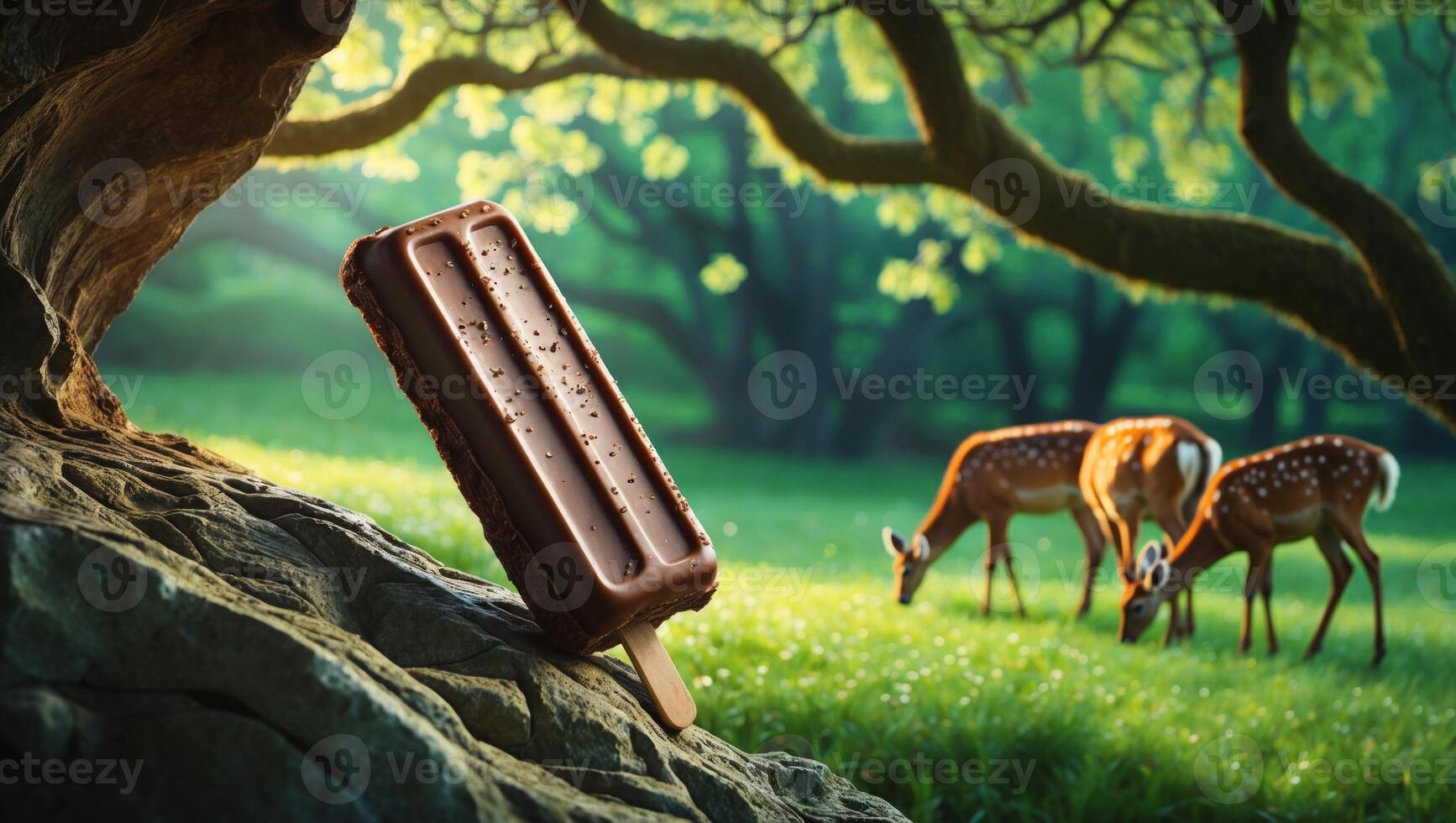 Chocolate ice cream bar resting on a tree stump in a serene forest with deer grazing nearby photo
