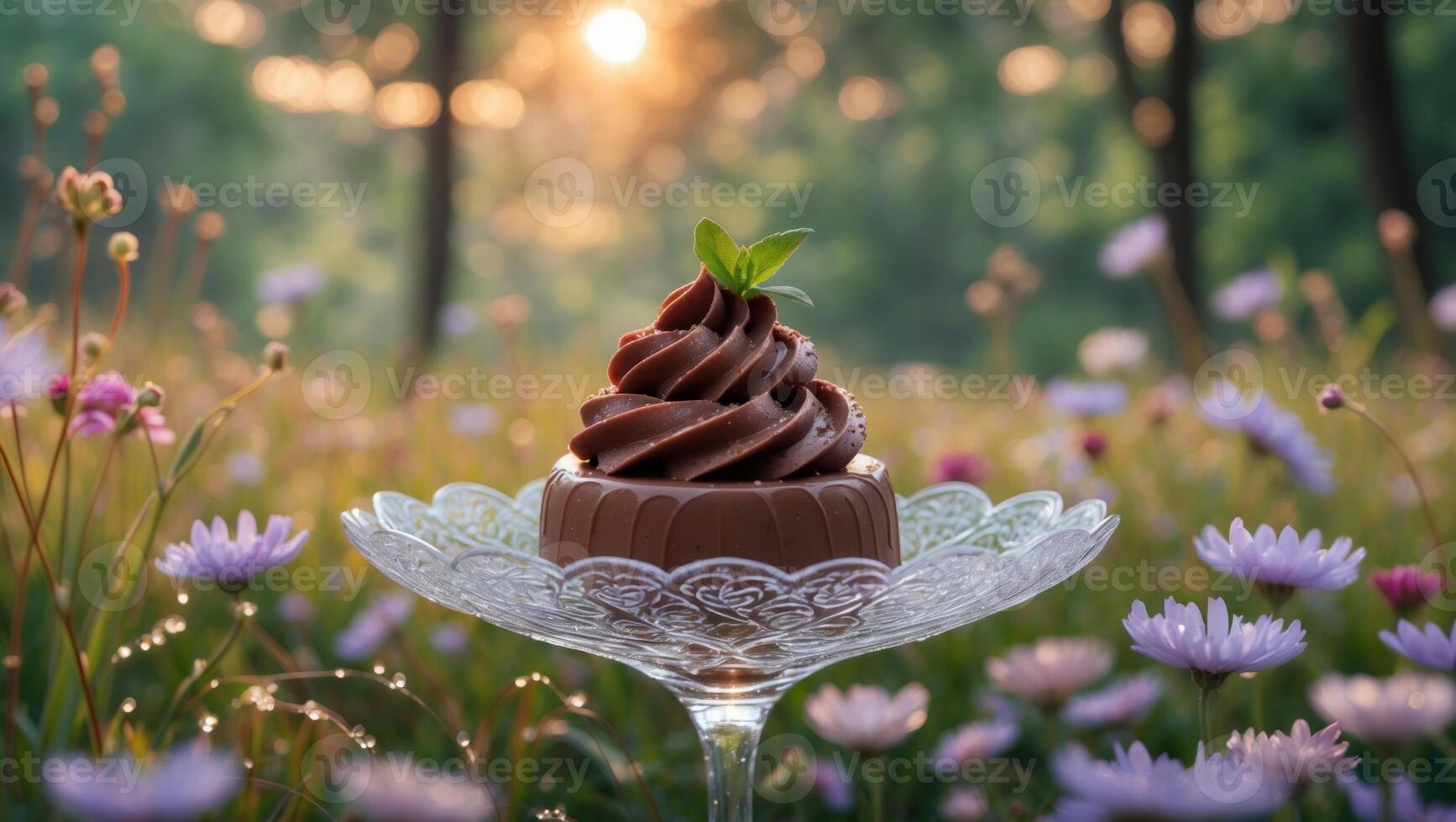 Chocolate swirl dessert on a glass dish surrounded by colorful flowers in a sunlit forest meadow photo