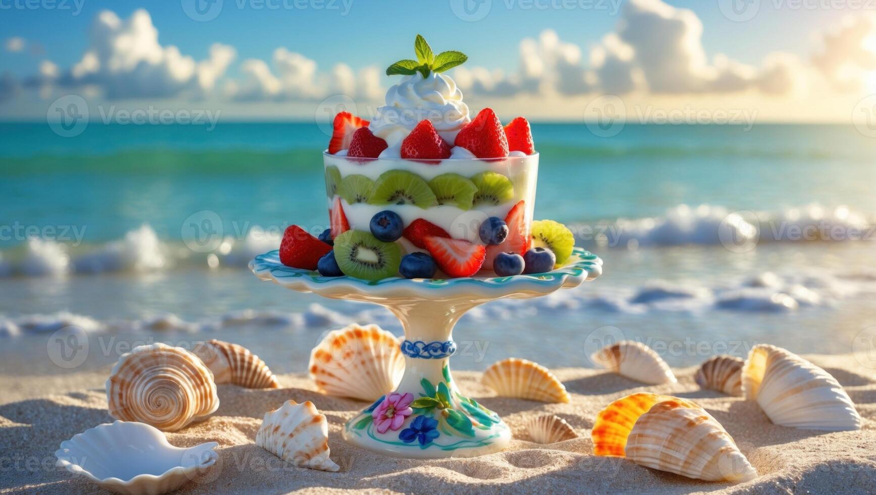 Colorful fruit dessert on a decorative stand by the beach, with seashells and ocean waves in background photo