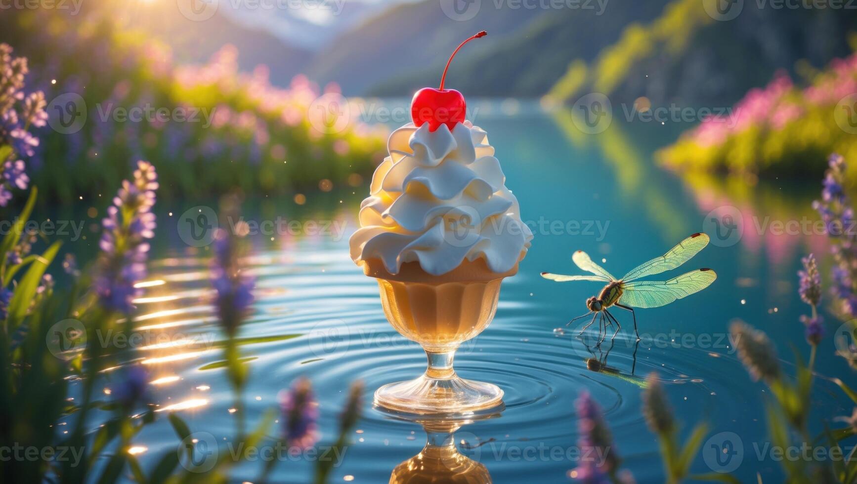 Ice cream sundae with cherry on top floating in serene lake surrounded by blooming flowers and mountains photo