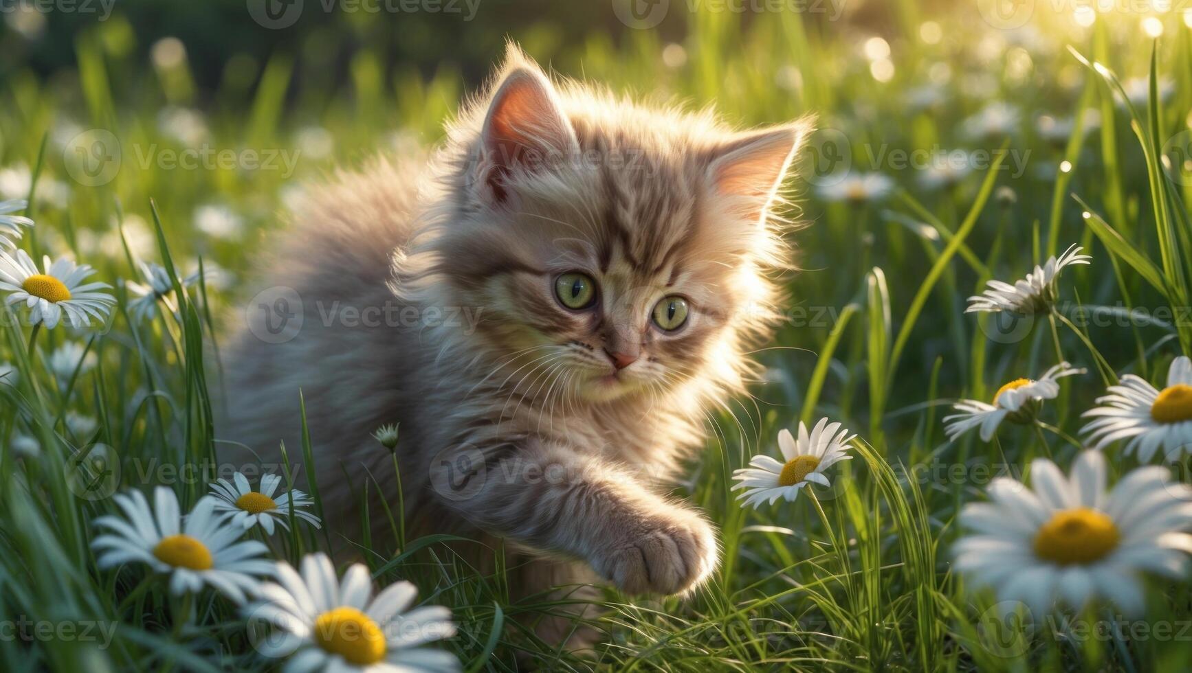 Playful kitten exploring a field of daisies under warm sunlight, evoking a sense of joy and nature photo