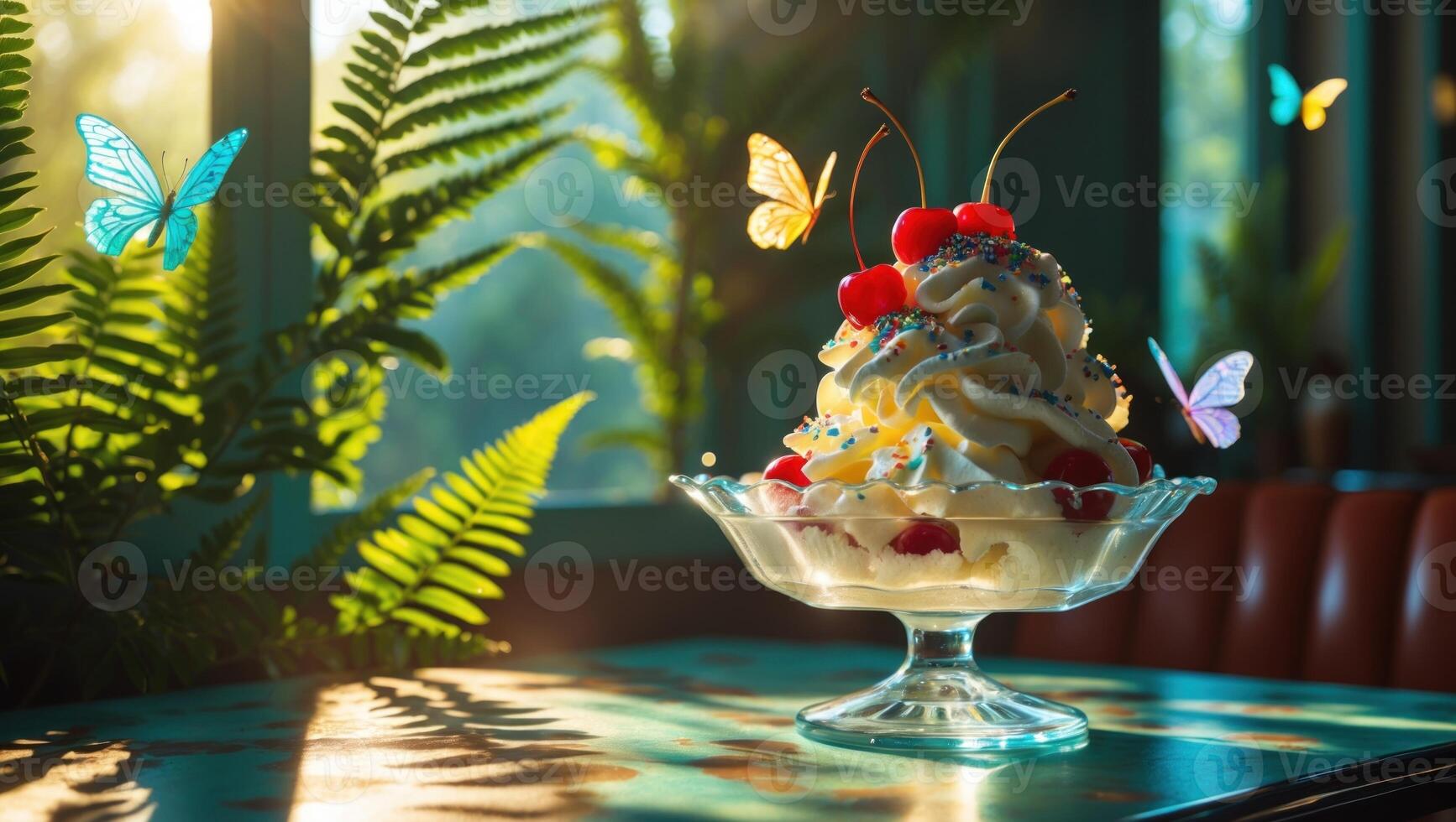A vibrant ice cream sundae topped with cherries and sprinkles, surrounded by colorful butterflies in a cafe photo