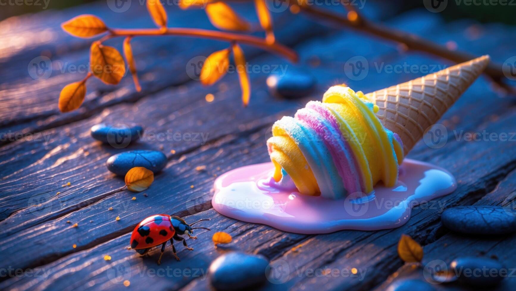 Colorful melting ice cream cone on a wooden surface with pebbles and a ladybug in a serene setting photo
