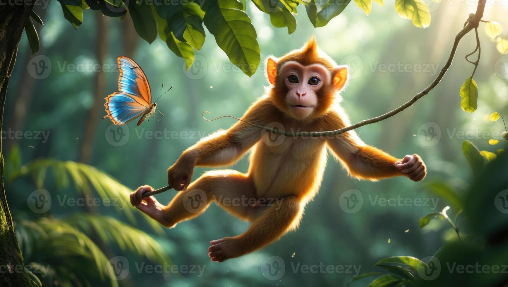 Playful monkey swinging on a branch while interacting with a colorful butterfly in a lush jungle photo