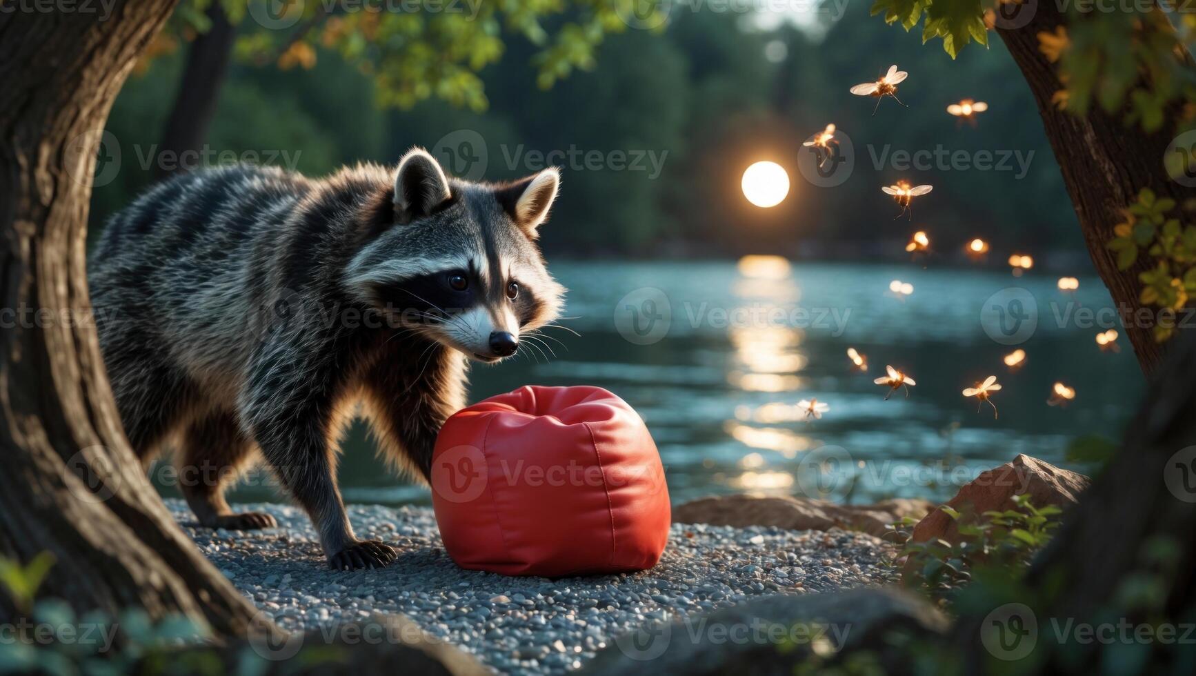 A raccoon curiously inspecting a red bean bag near a serene lake at sunset with fireflies illuminating the scene photo