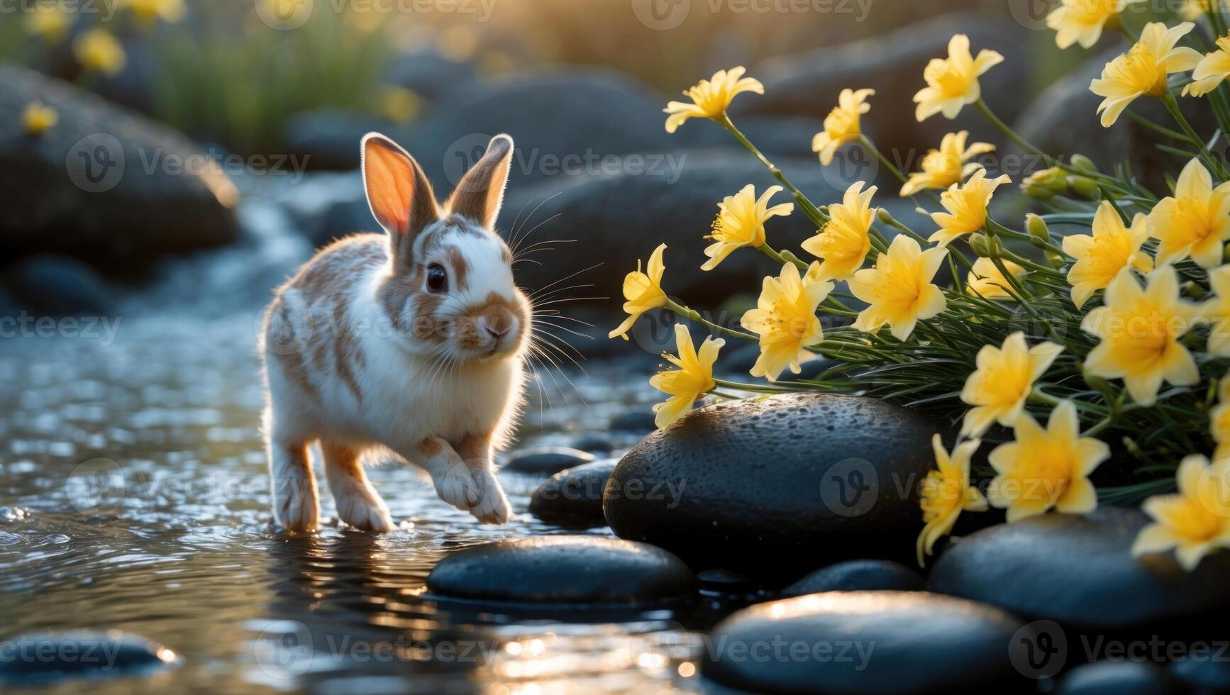Playful rabbit hopping through a stream surrounded by vibrant yellow flowers and smooth stones photo