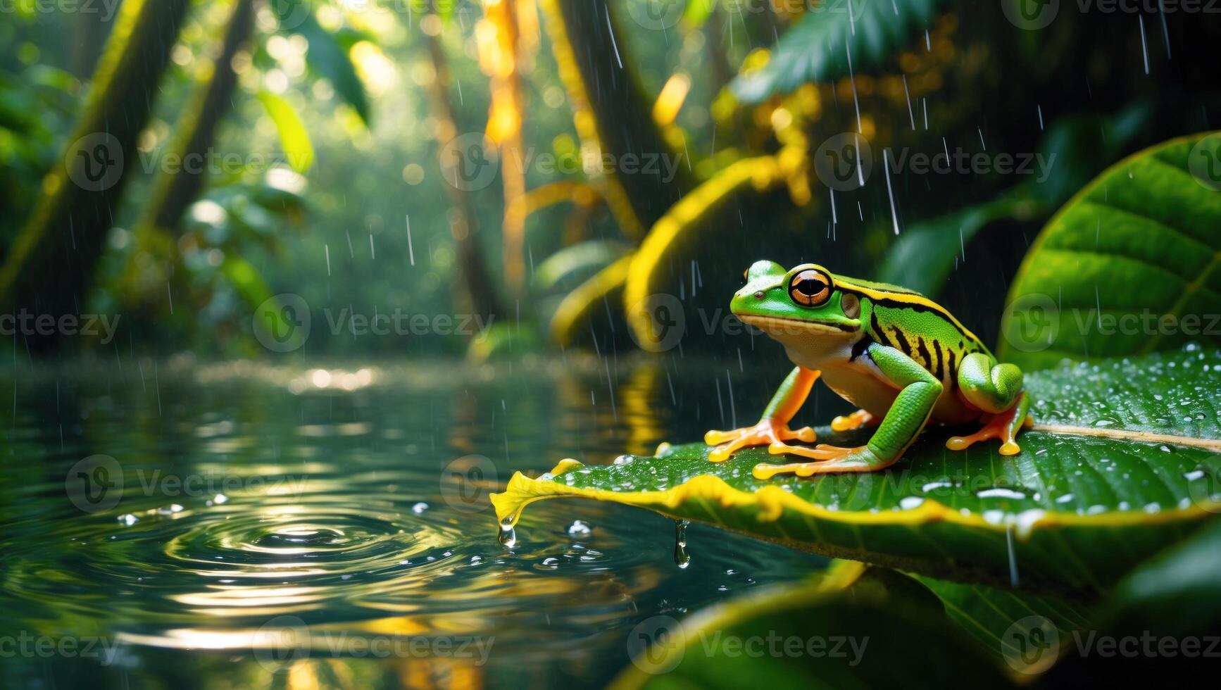 Vibrant green frog perched on a leaf in a lush rainforest, with raindrops falling into the water below photo