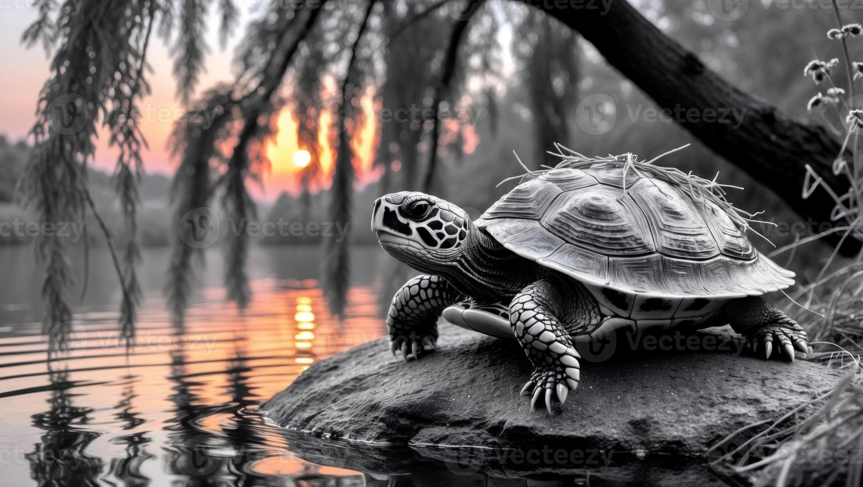A serene turtle resting on a rock by a tranquil lake at sunset, surrounded by lush foliage photo