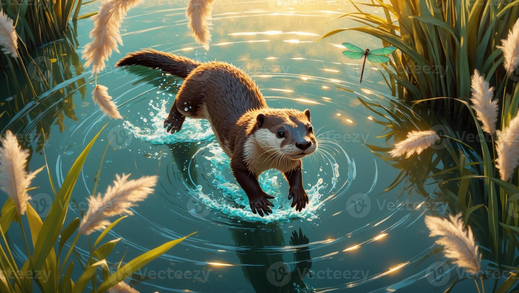 Playful otter splashing in a serene pond surrounded by tall grass and dragonflies in the evening light photo