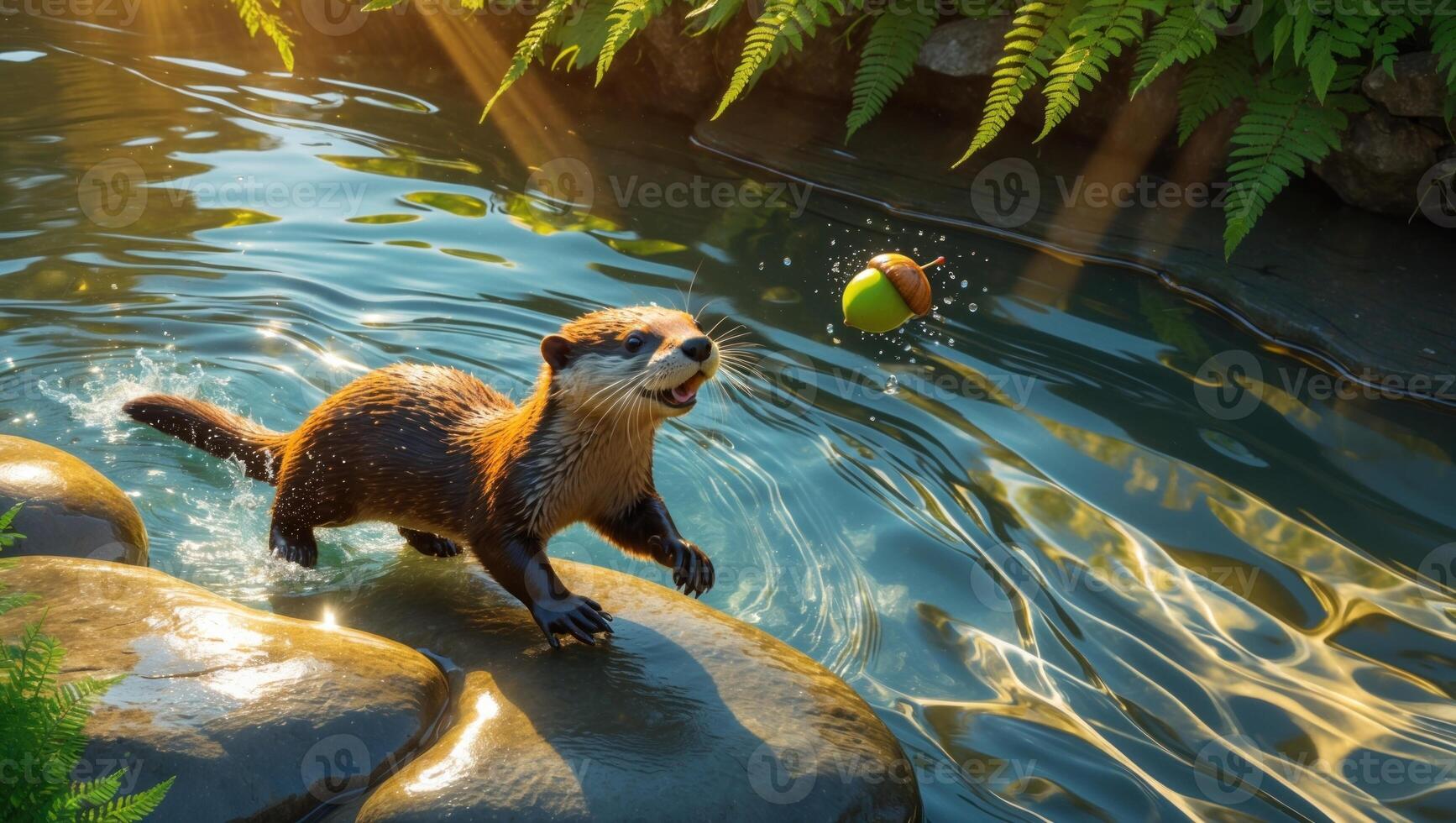 Playful otter splashing in clear water while chasing a floating ball near lush greenery photo