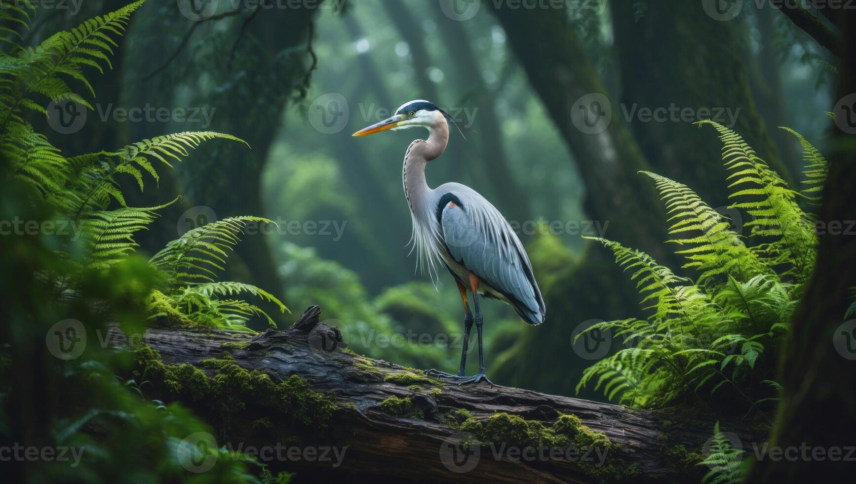 A majestic heron standing gracefully on a moss-covered log amidst lush ferns in a serene forest photo