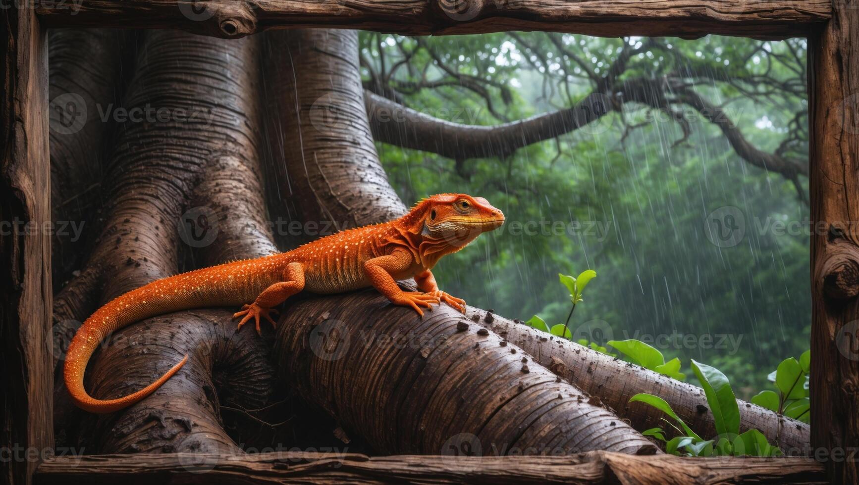 Vibrant orange lizard resting on a large tree root in a lush, rainy jungle setting photo