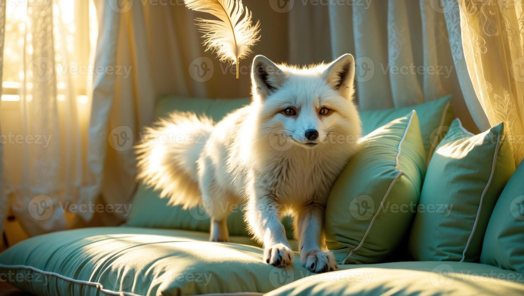 Elegant Arctic fox playfully posed on a soft green couch, sunlight filtering through sheer curtains photo