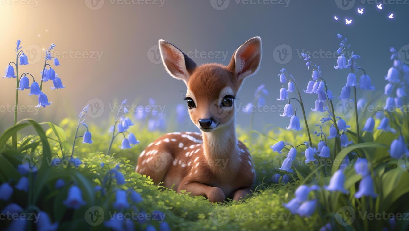 A serene young deer resting among vibrant bluebells in a tranquil forest setting at dawn photo