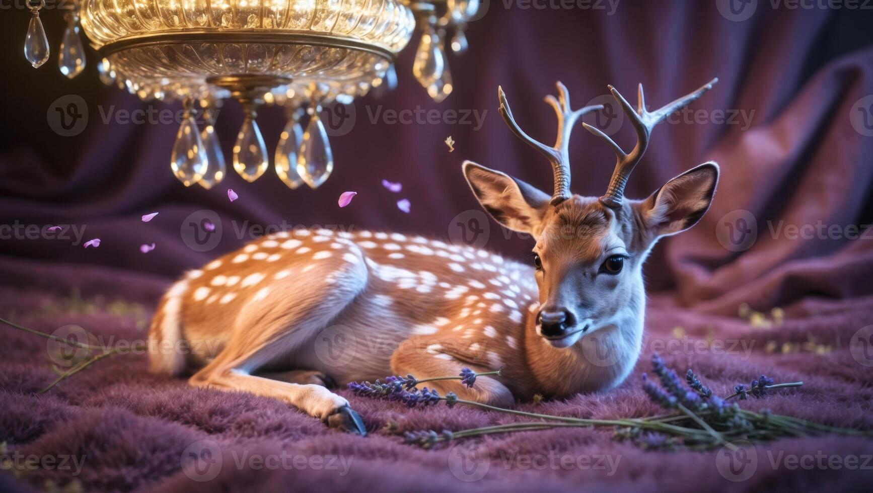A serene fawn resting on a plush purple surface beneath a sparkling chandelier with flowers around photo
