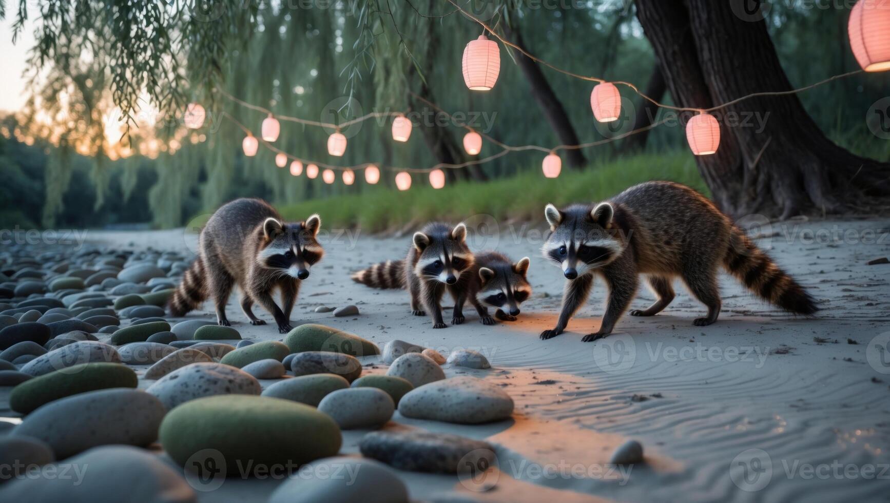 Family of raccoons walking along a sandy riverbank at sunset, illuminated by glowing lanterns photo