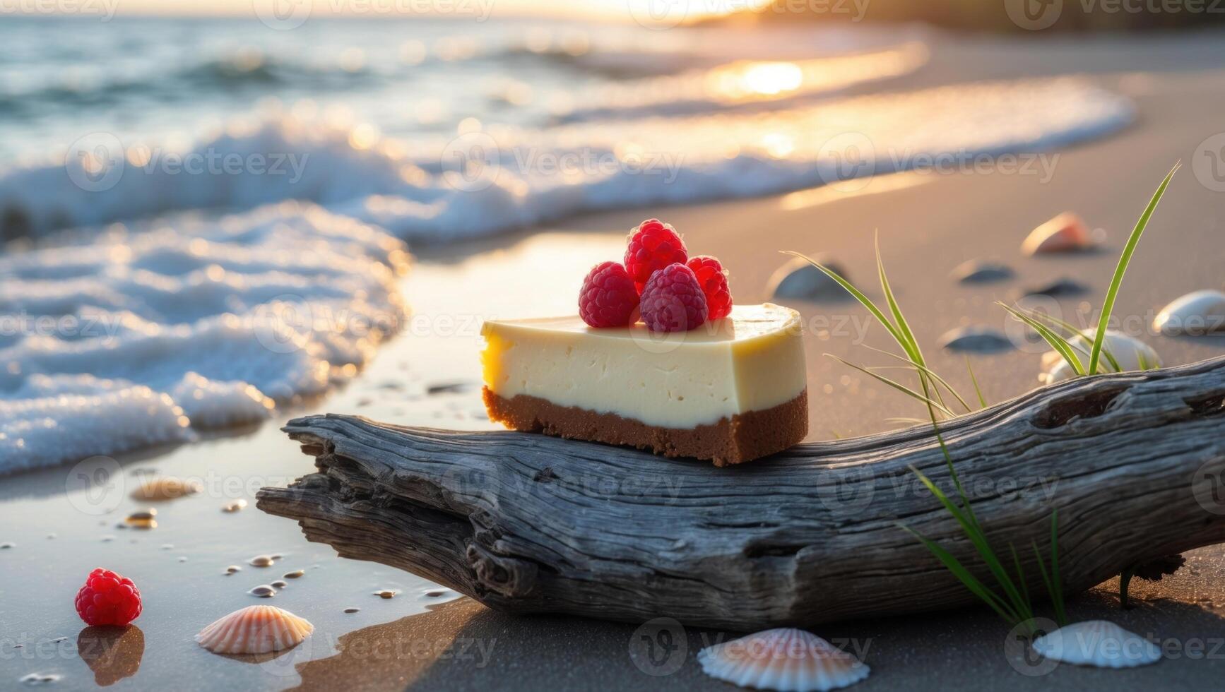 Delicious cheesecake slice topped with fresh raspberries resting on driftwood by the ocean at sunset photo