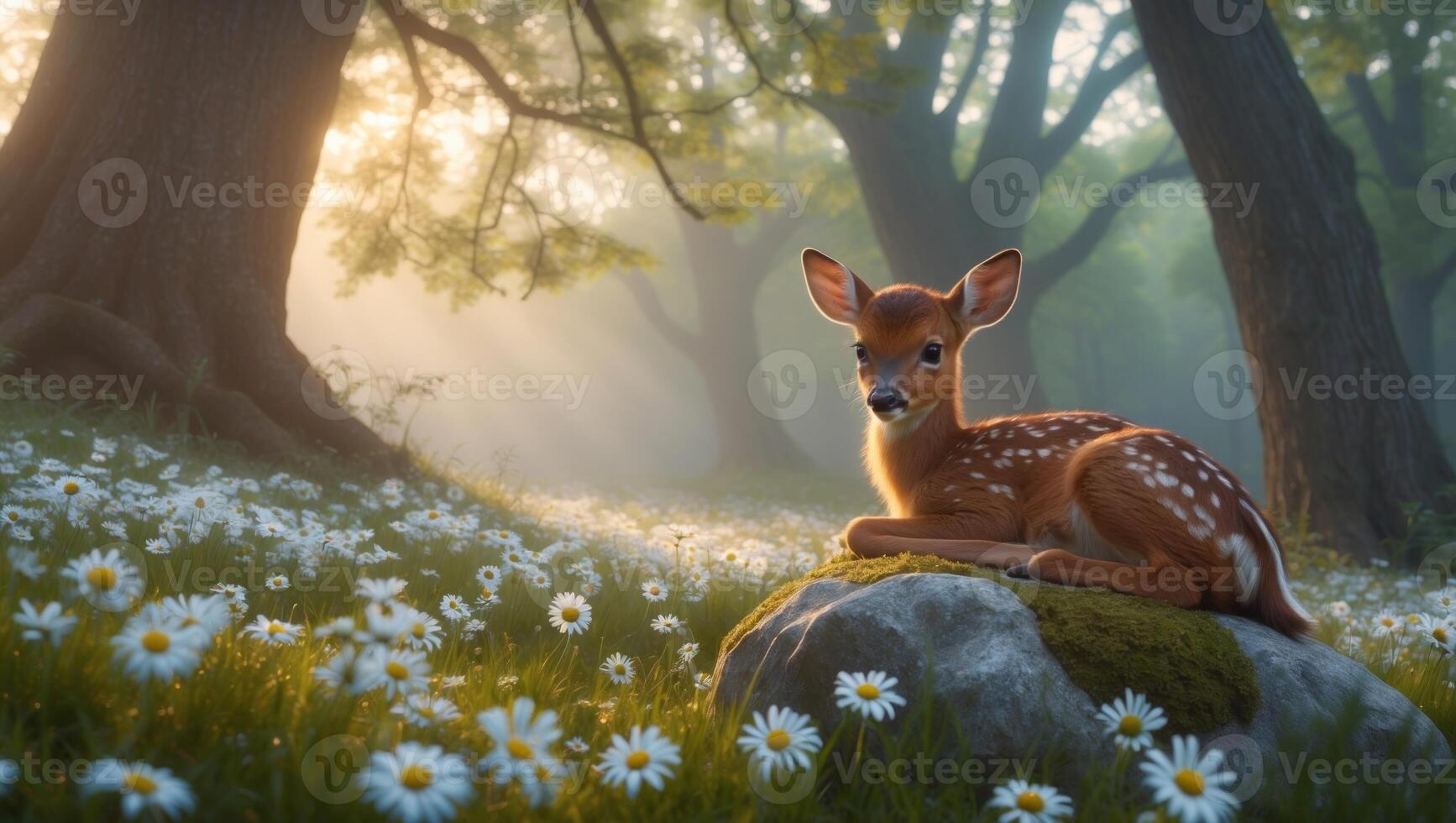 A serene young deer resting on a mossy rock amidst a field of daisies in a sunlit forest photo