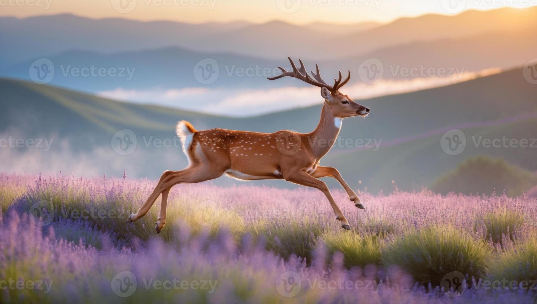 A graceful deer leaps through a vibrant lavender field at sunset, with mountains in the background photo