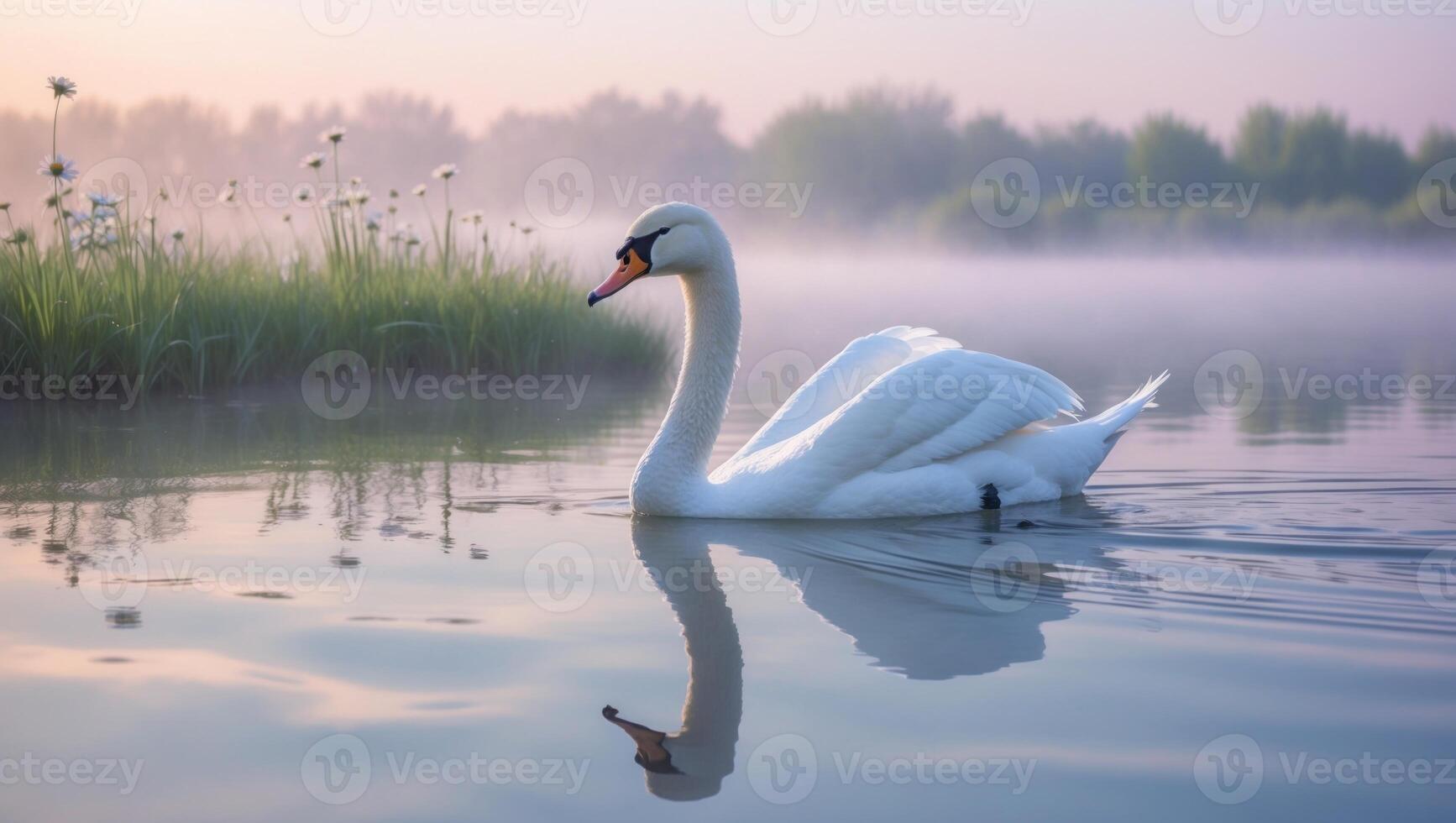 Majestic swan gliding serenely on a misty lake at dawn, surrounded by lush greenery and soft light photo