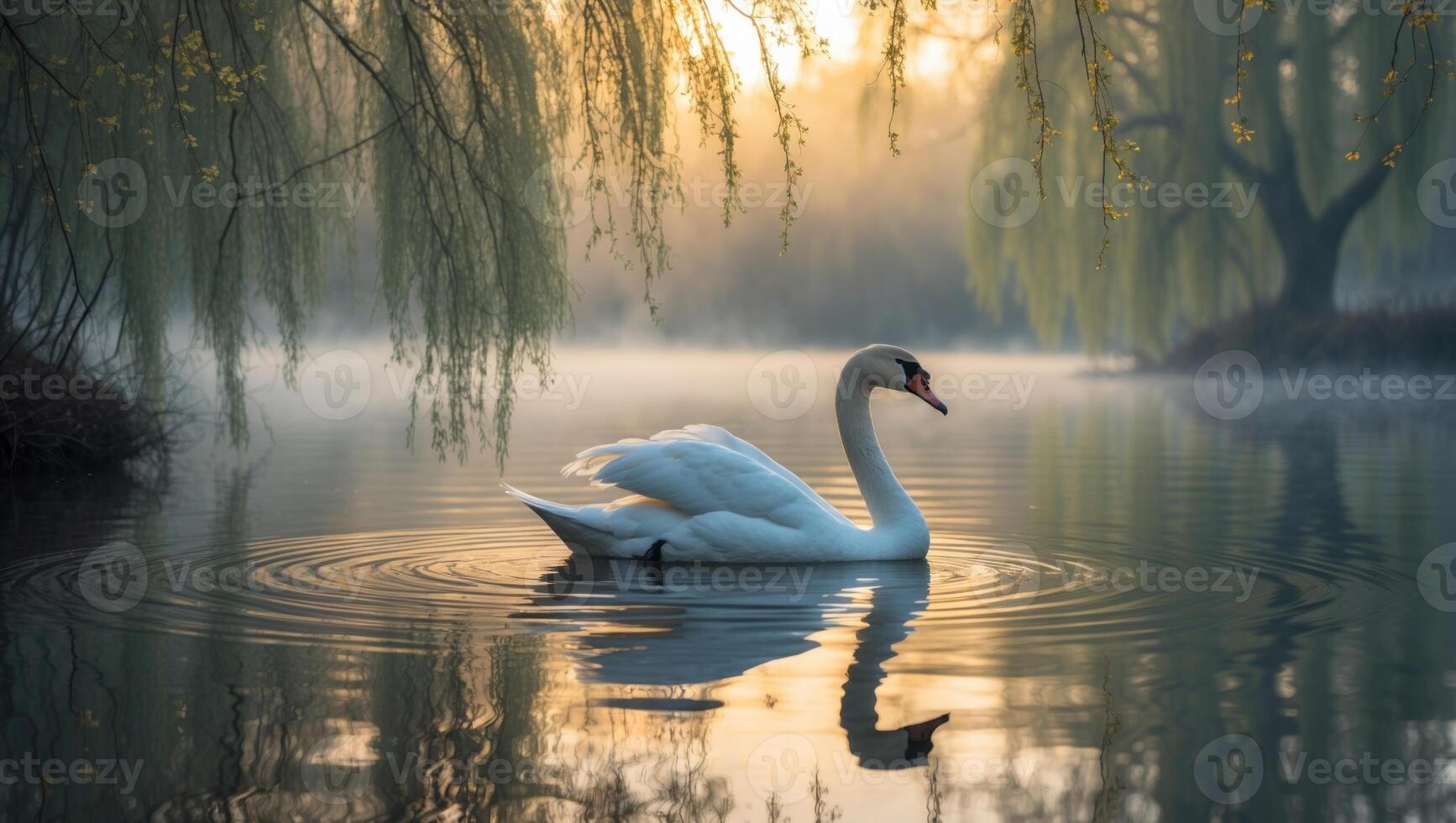 Elegant swan gliding on a misty lake at dawn, surrounded by willows and soft golden light photo