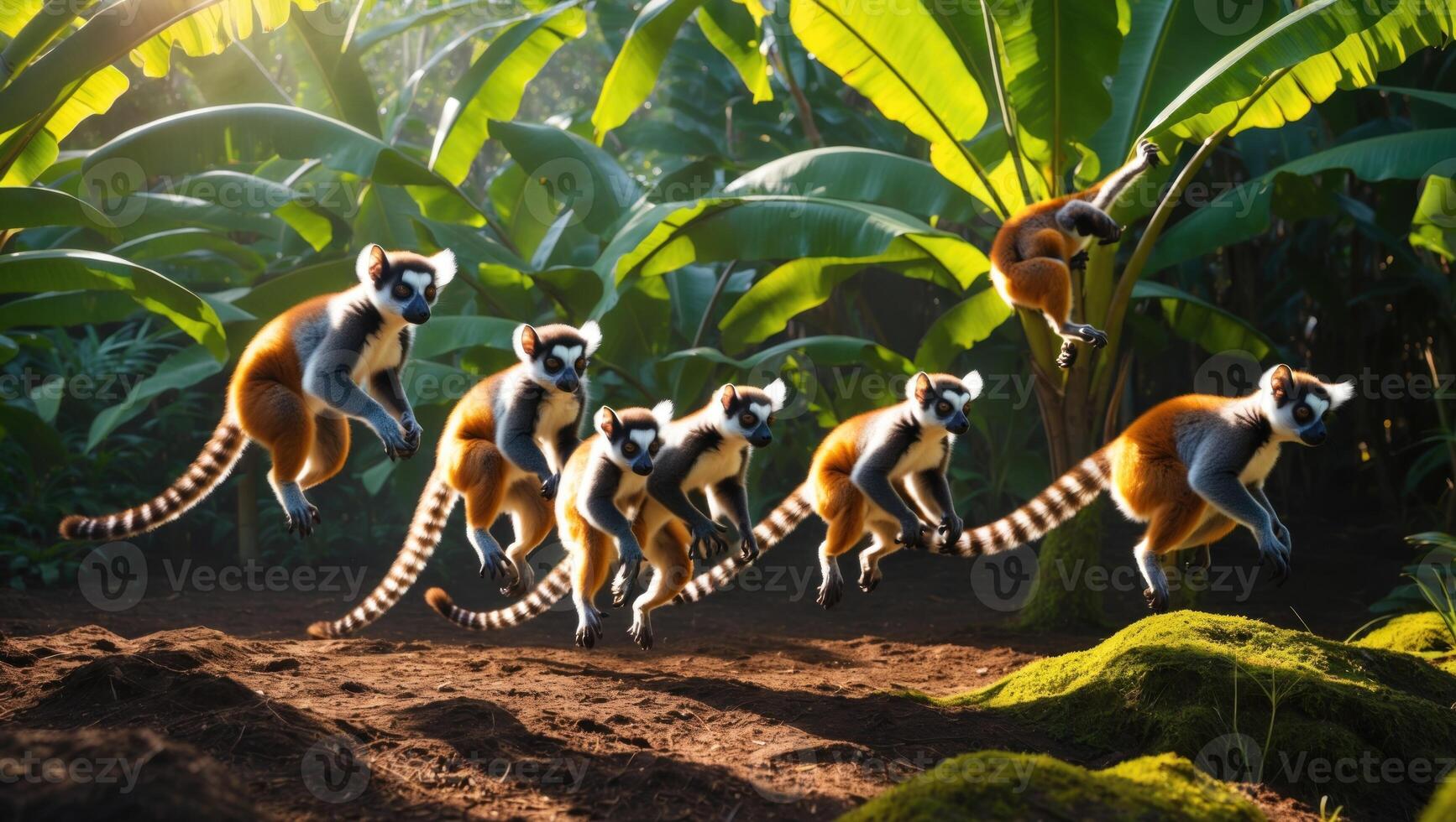 A group of playful lemurs jumping through a lush tropical rainforest filled with vibrant greenery photo