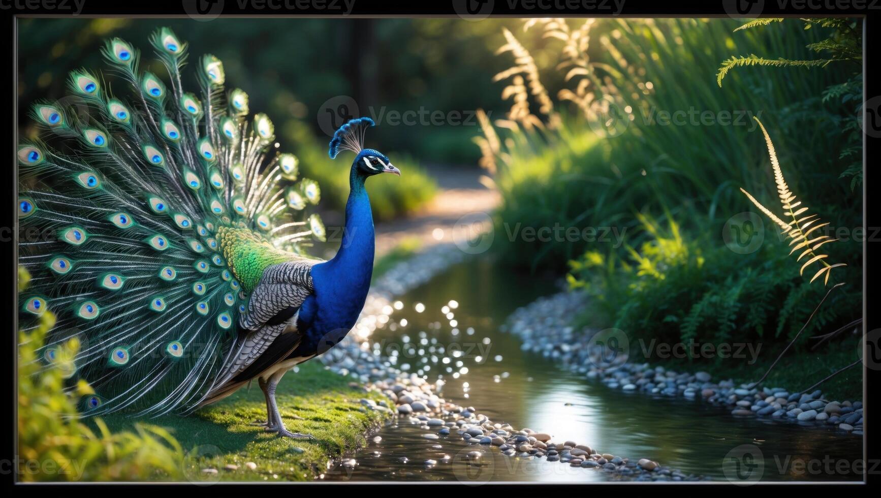 Vibrant peacock displaying its colorful feathers beside a serene stream in a lush garden photo