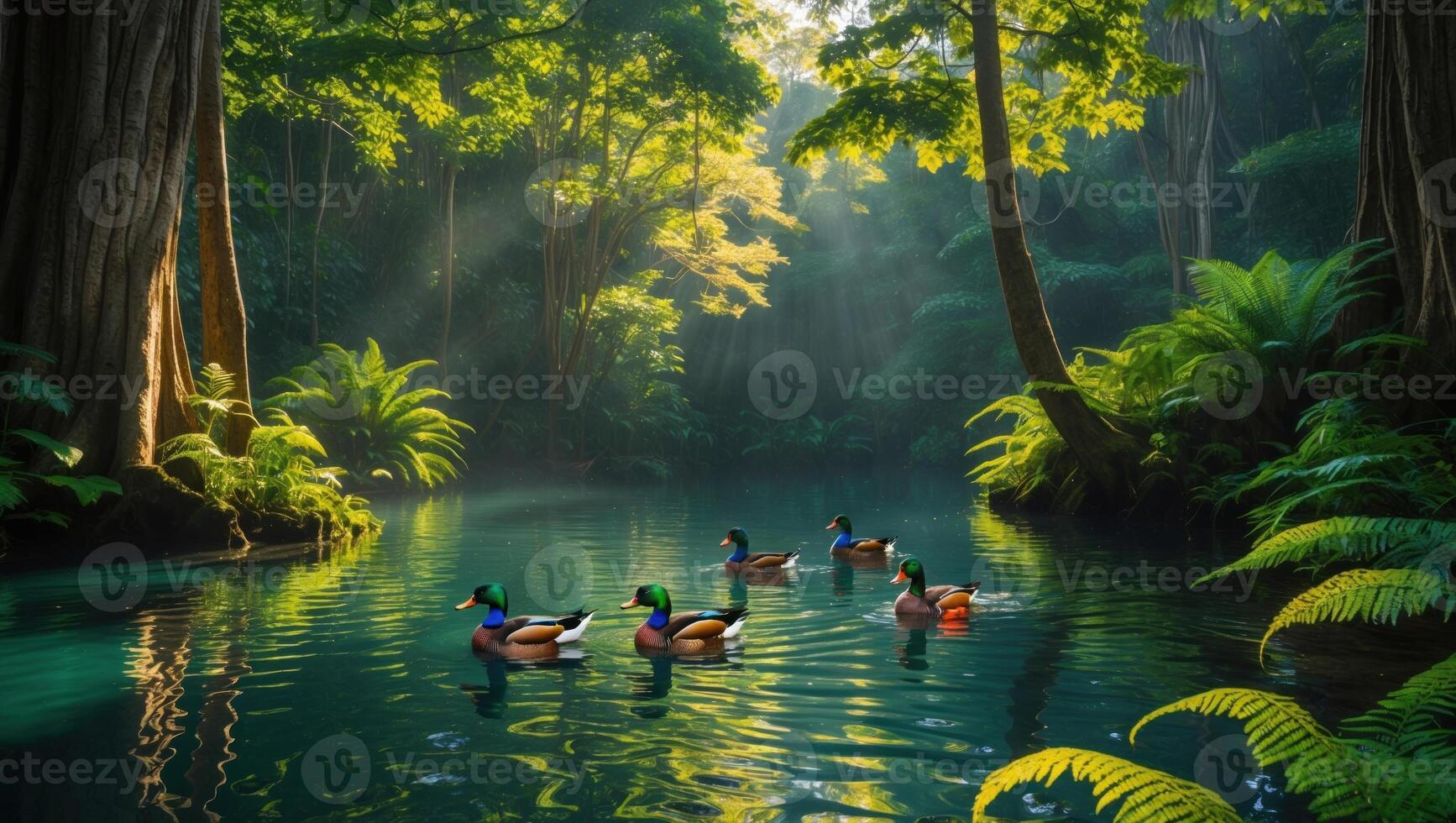 Serene scene of ducks swimming in a tranquil forest river, surrounded by lush greenery and sunlight filtering through trees photo