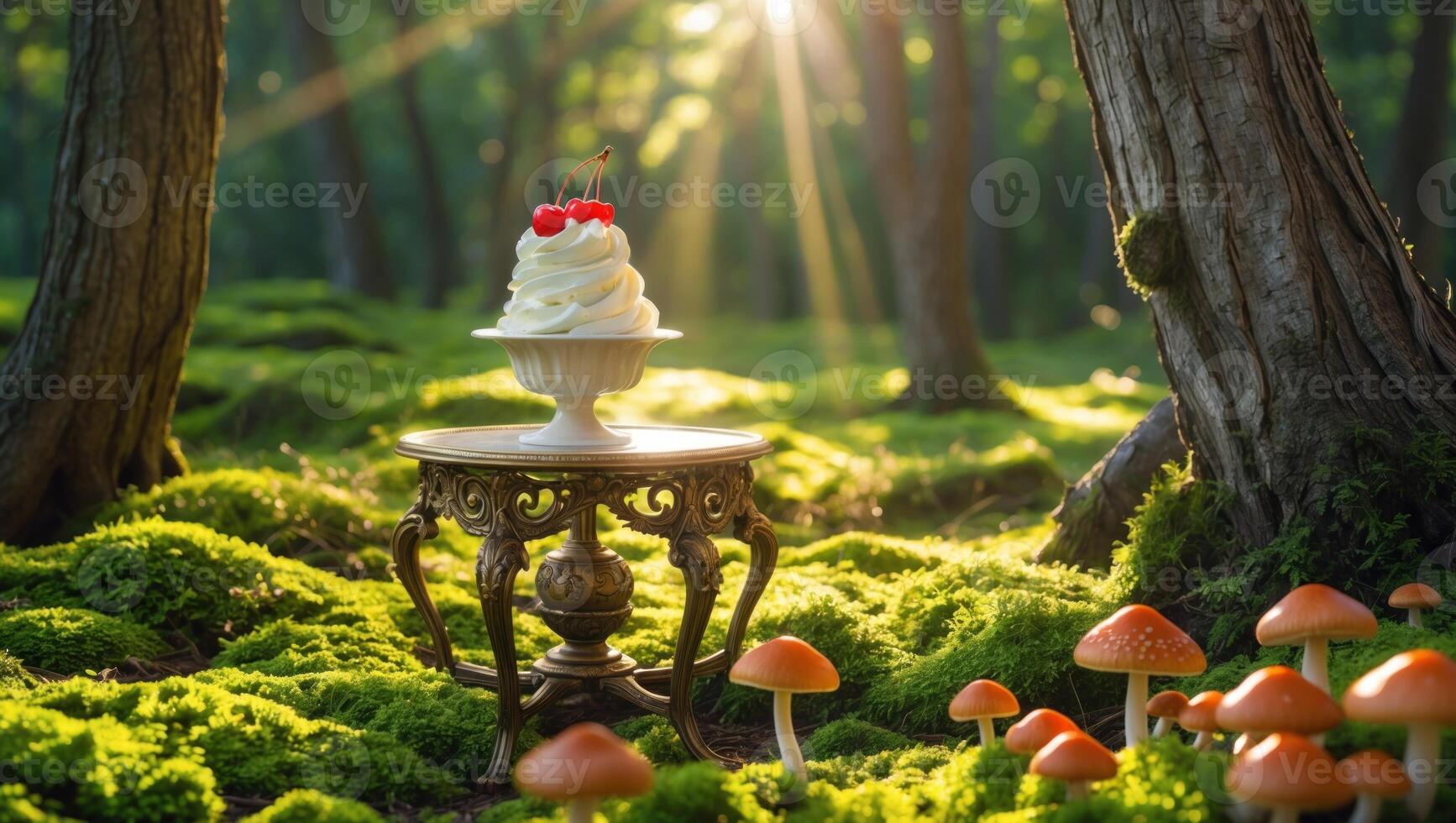 A whimsical dessert display featuring a cherry-topped ice cream sundae on an ornate table in a sunlit forest glade surrounded by vibrant mushrooms photo
