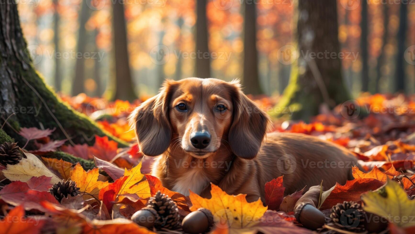 A dachshund rests among colorful autumn leaves and acorns in a serene forest setting photo