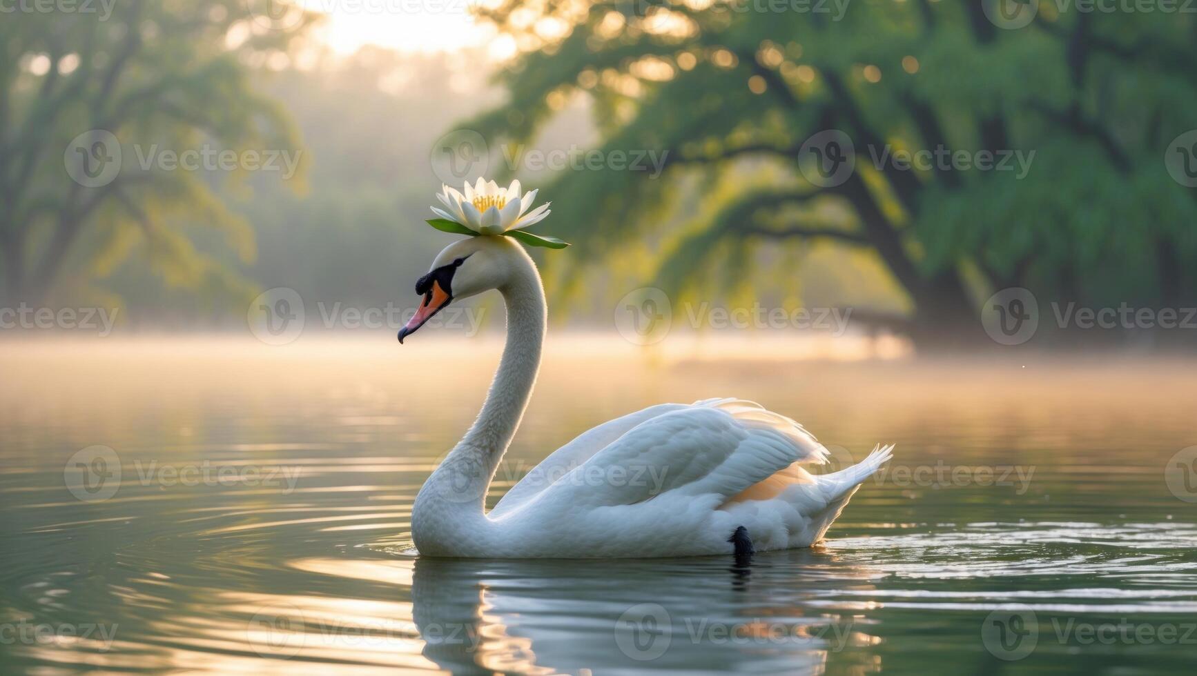 Elegant swan with a water lily on its head gliding gracefully through a misty lake at sunrise photo