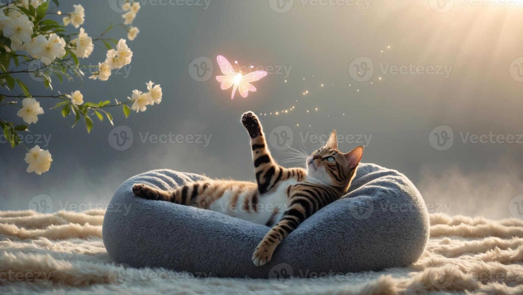 A playful tabby cat lounging on a soft bed, reaching for a shimmering butterfly in a serene setting photo