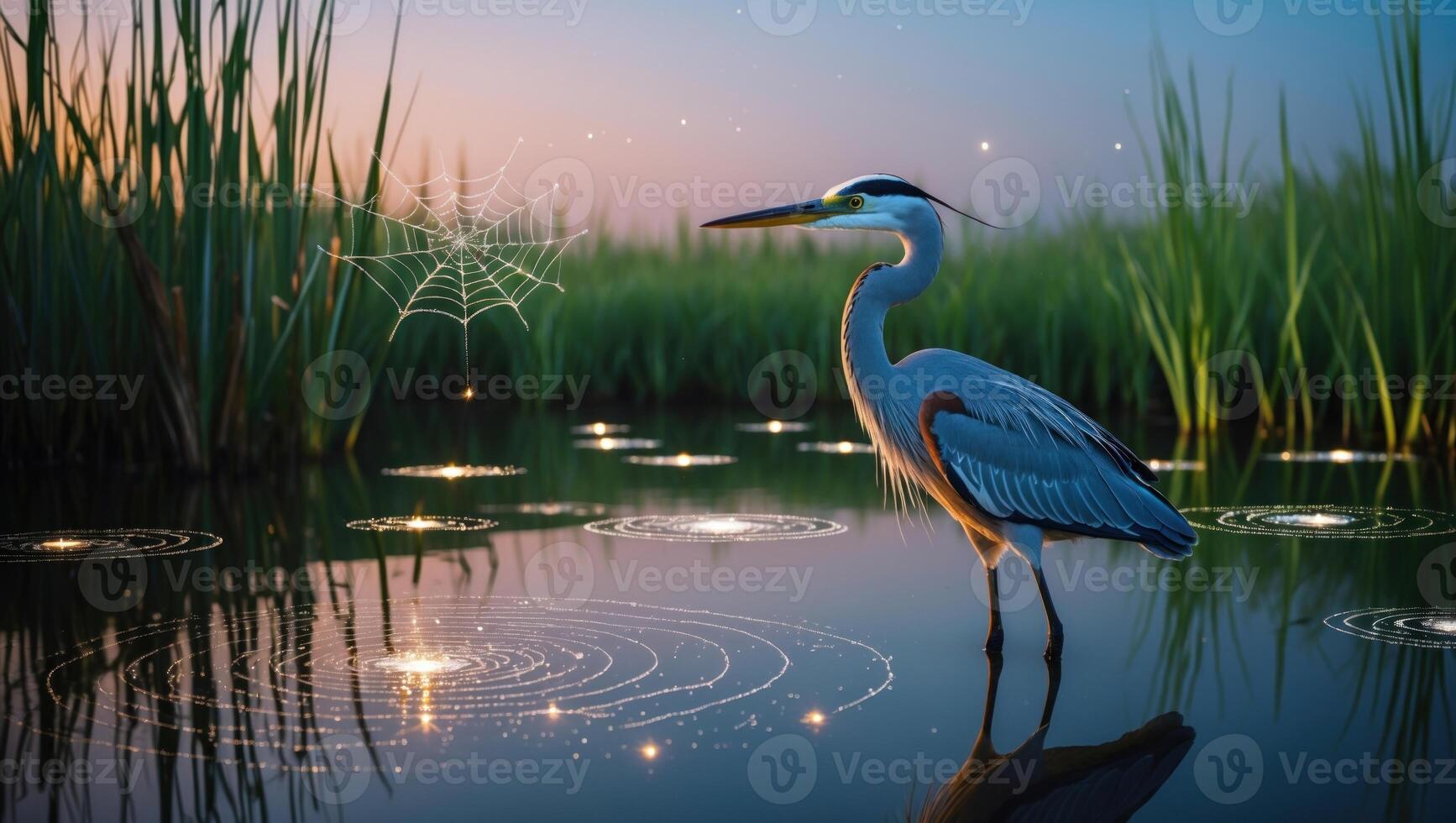 Majestic heron standing gracefully in a serene wetland at dawn, surrounded by sparkling water reflections photo