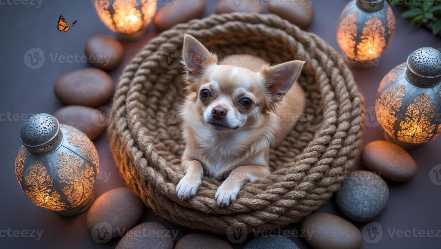 A serene Chihuahua resting in a cozy rope nest surrounded by decorative lanterns and smooth stones photo