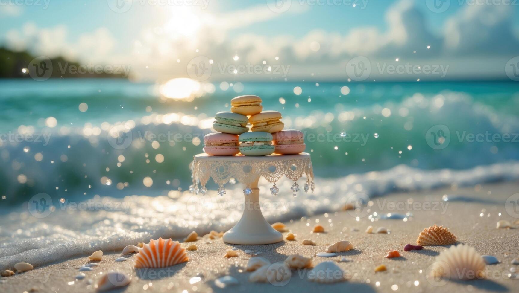 Colorful macarons displayed on a pedestal by the beach at sunset, with gentle waves and seashells nearby photo