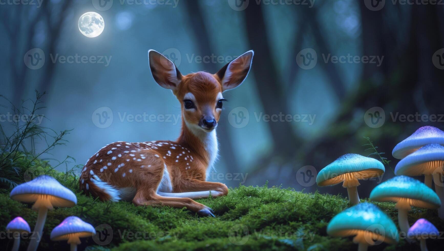 Serene fawn resting on lush moss among glowing mushrooms under a full moon in a tranquil forest photo