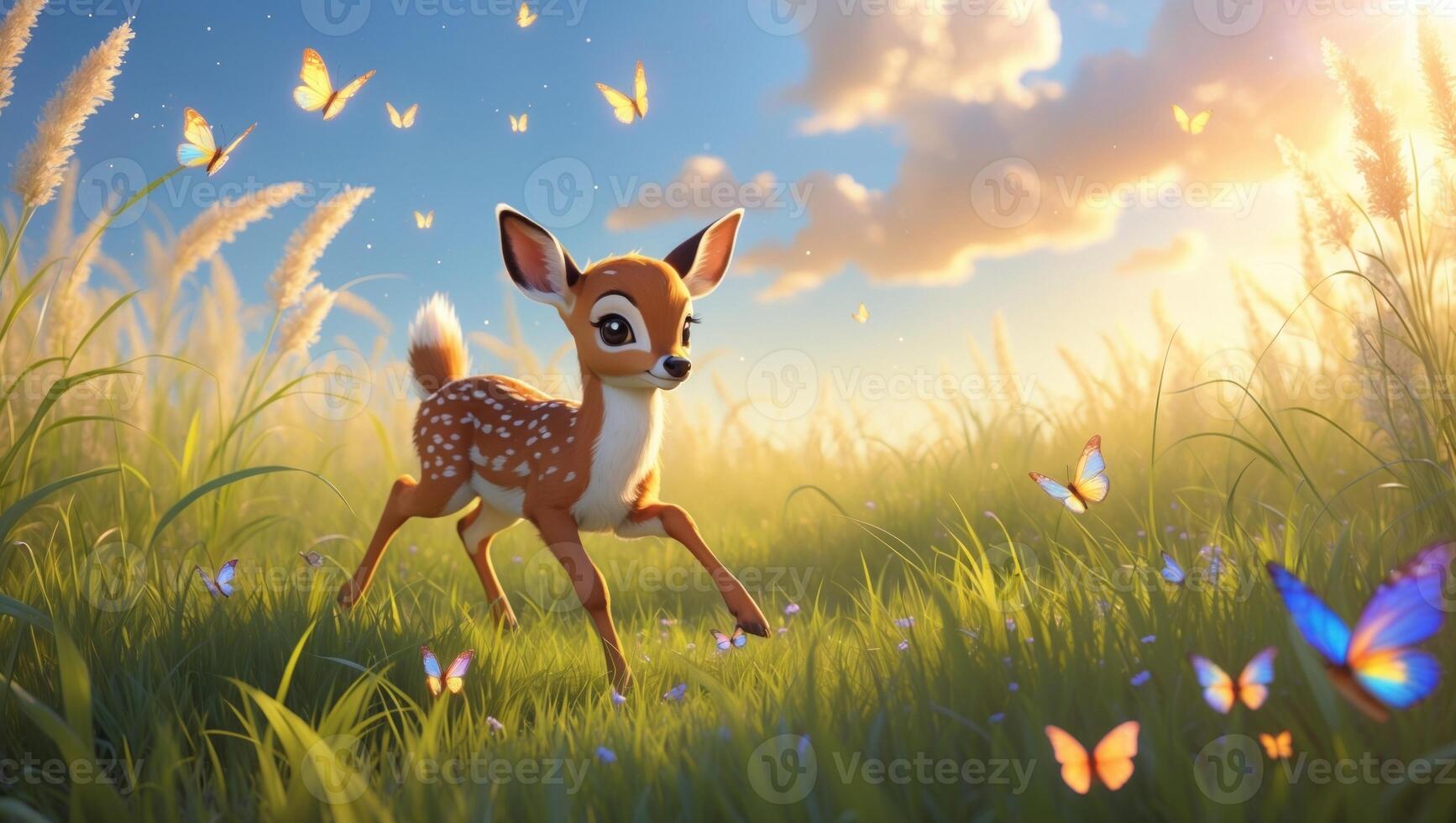 A charming animated fawn joyfully prancing through a sunlit meadow filled with colorful butterflies photo