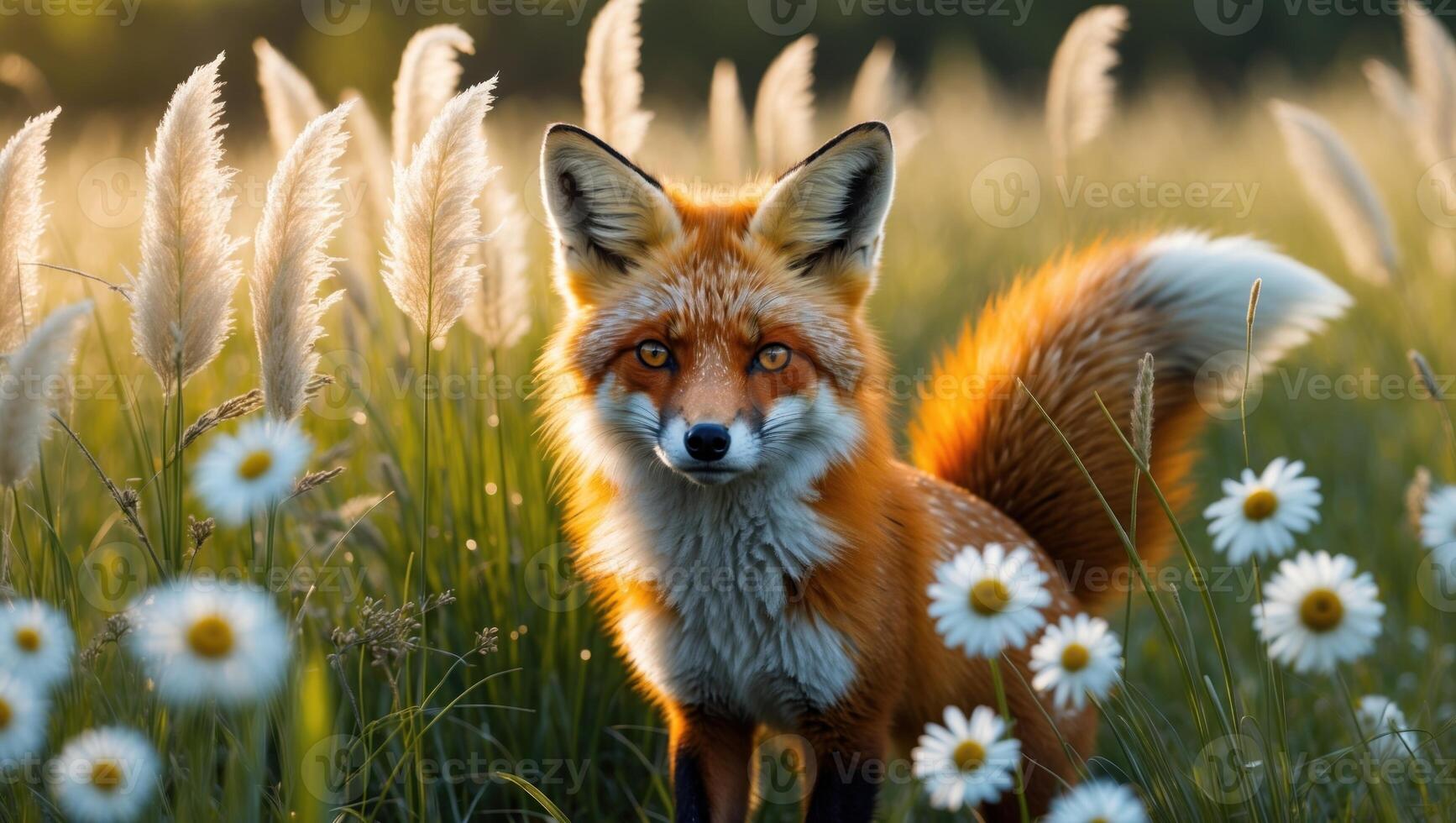 A majestic red fox stands gracefully amidst tall grass and wildflowers during a golden sunset photo
