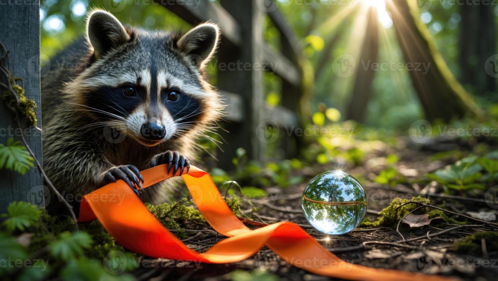 A curious raccoon examines a shiny glass orb while playing with an orange ribbon in a forest photo
