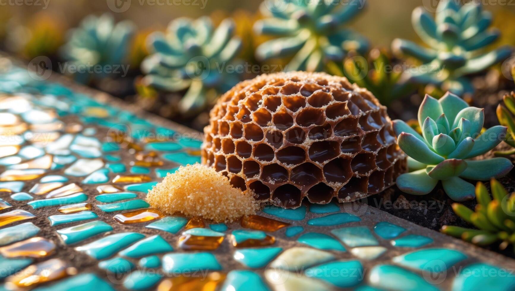 Close-up of a honeycomb structure on a colorful mosaic pathway surrounded by succulent plants photo