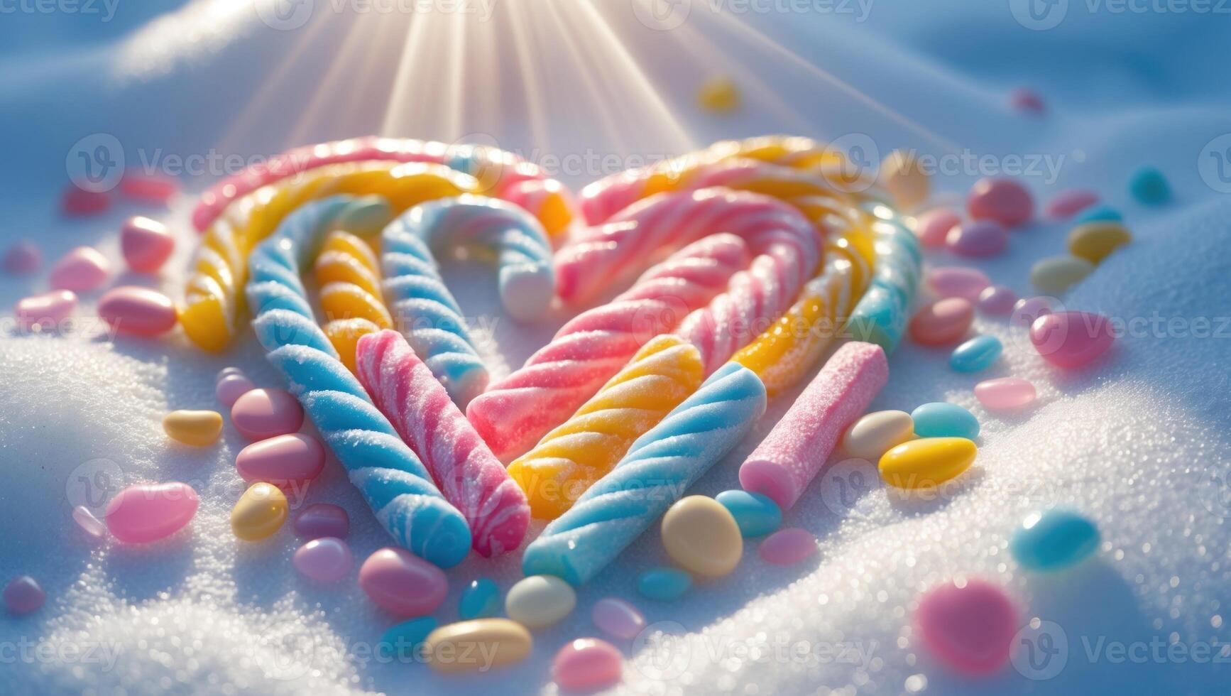 Colorful candy heart arrangement on snow with soft sunlight rays creating a dreamy atmosphere photo