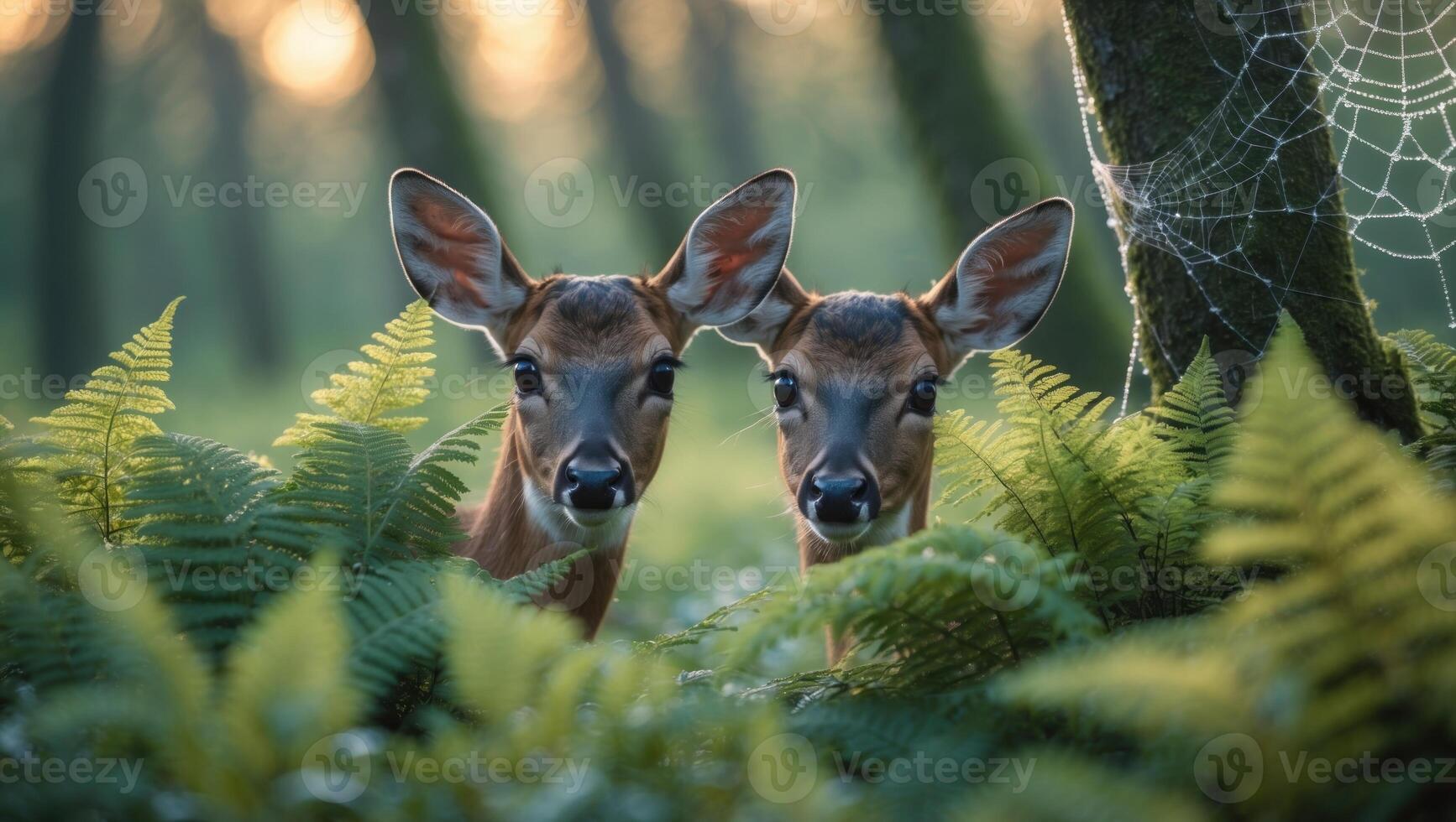 Two young deer peering through lush ferns in a serene forest at dawn, with soft light filtering through trees photo