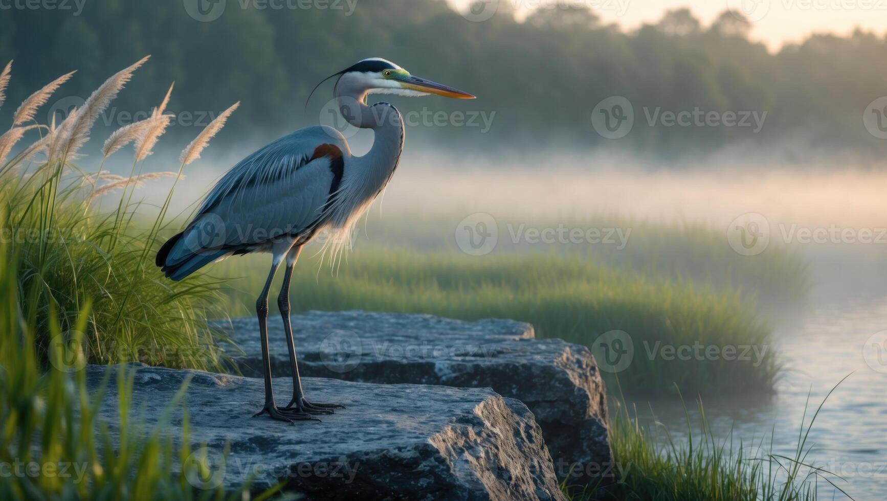 Majestic heron standing on a rocky shore at dawn, surrounded by misty waters and lush greenery photo