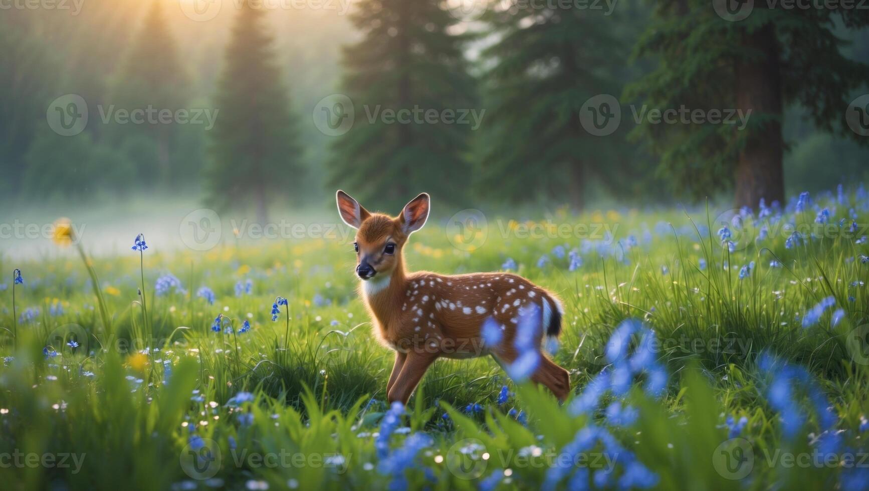 A serene fawn walks through a vibrant meadow filled with wildflowers under a golden sunset photo