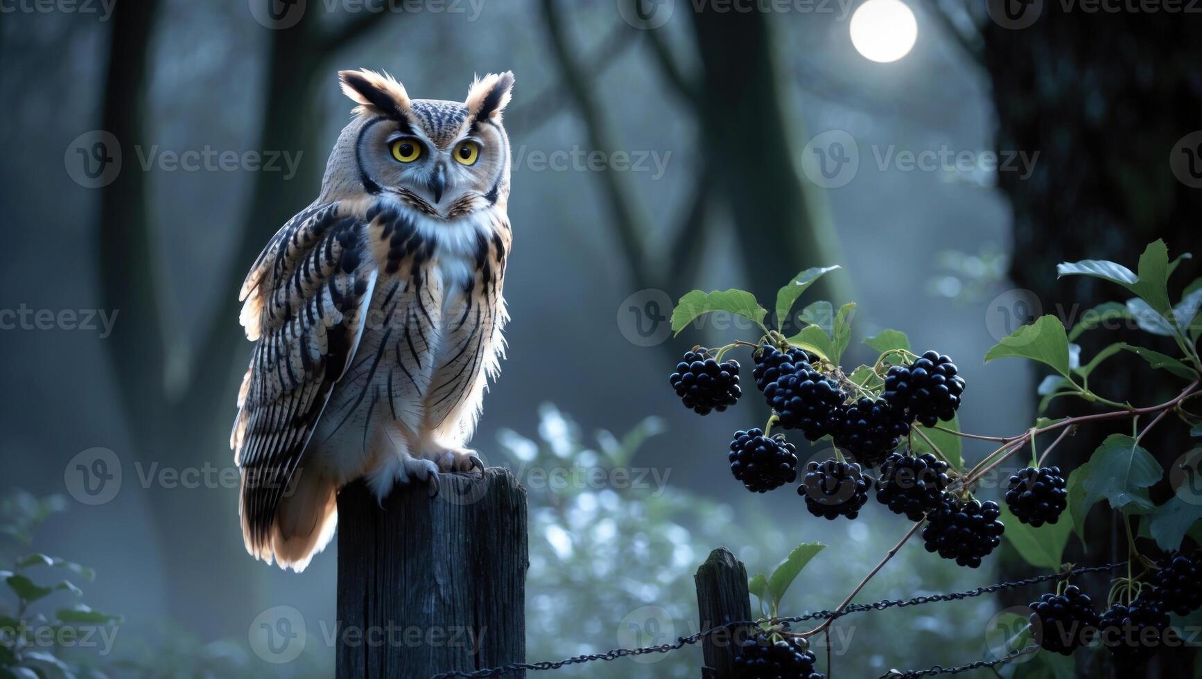 Majestic owl perched on a wooden post amidst a misty forest, with blackberries in the foreground photo