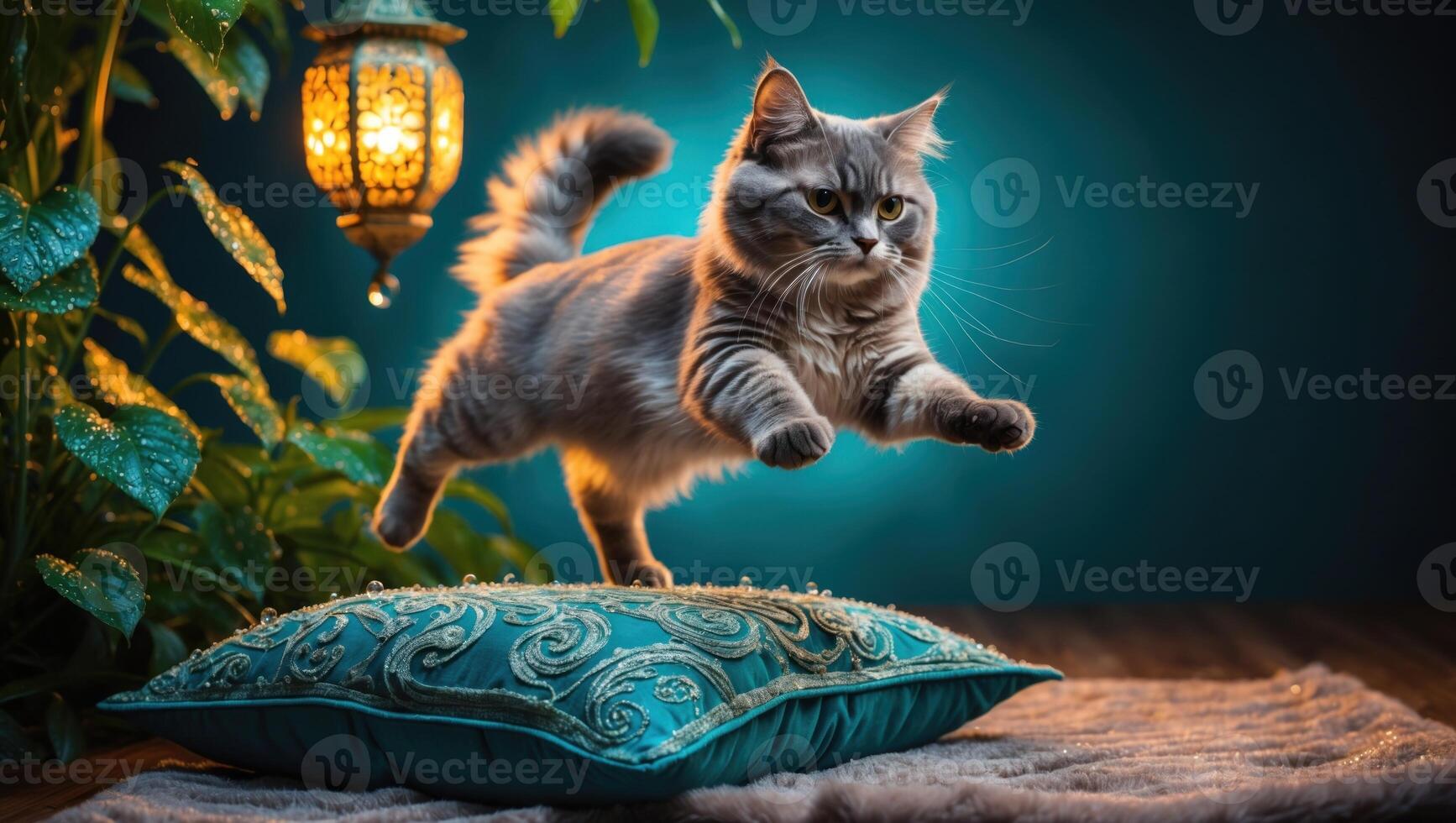 Playful cat leaping off a decorative pillow in a vibrant indoor setting with plants and lanterns photo