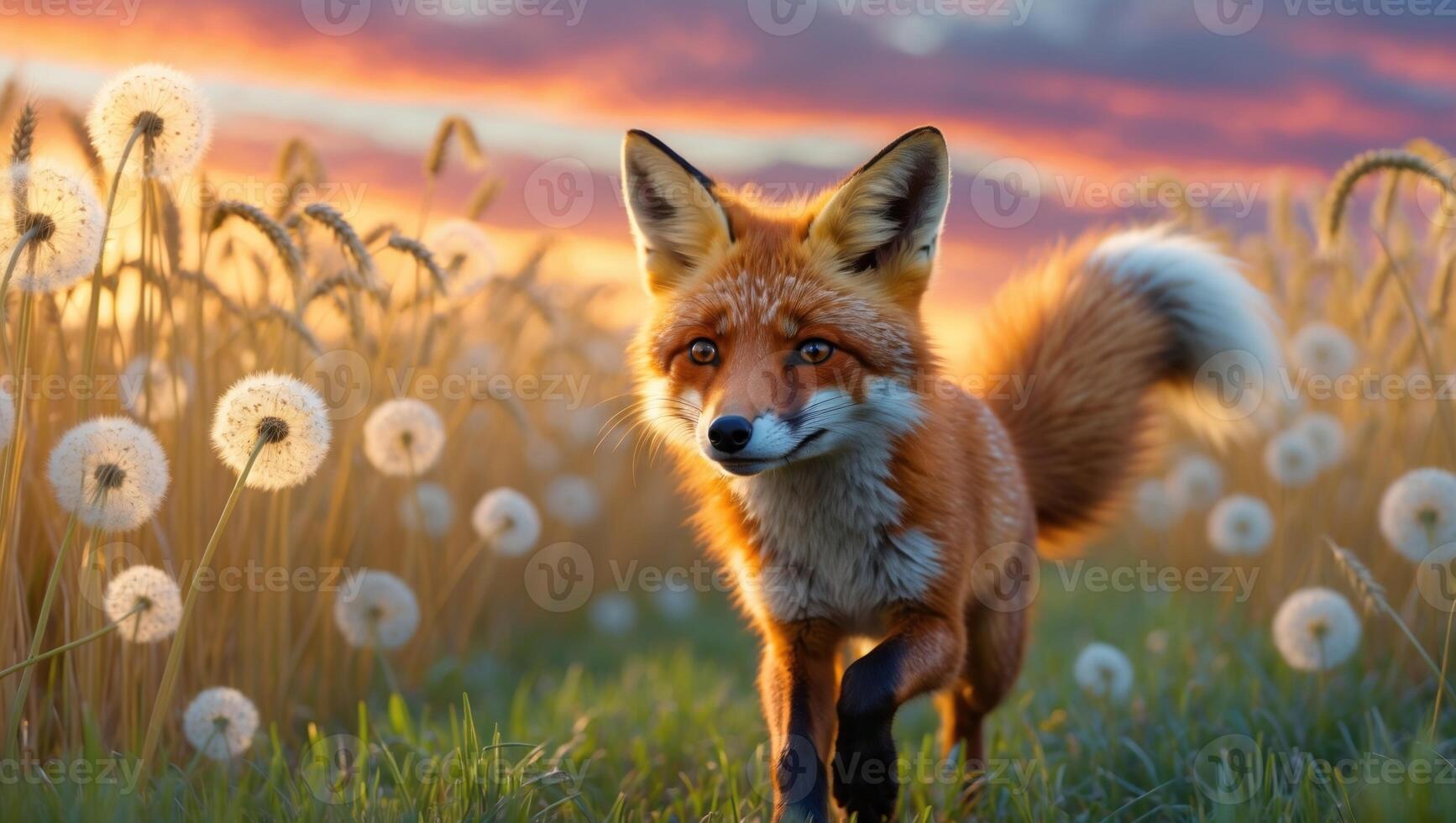 A curious red fox walks through a field of dandelions at sunset, surrounded by vibrant colors photo