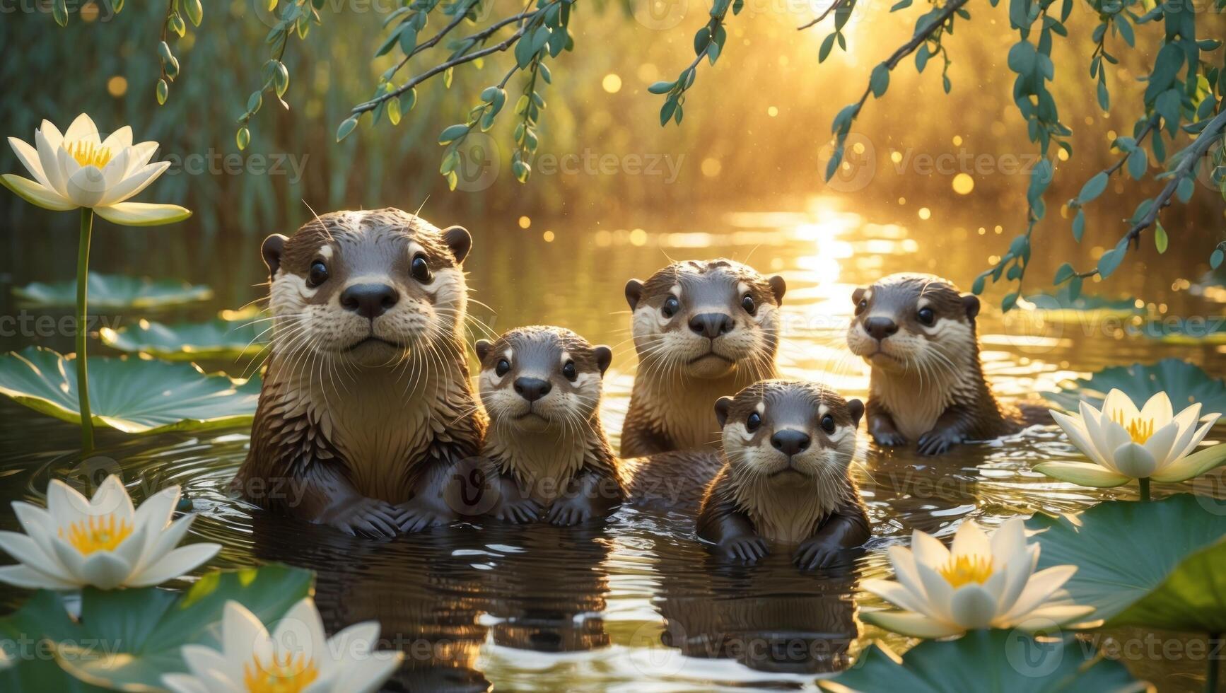 Family of otters playfully swimming in a serene pond surrounded by lily pads and sunlight photo