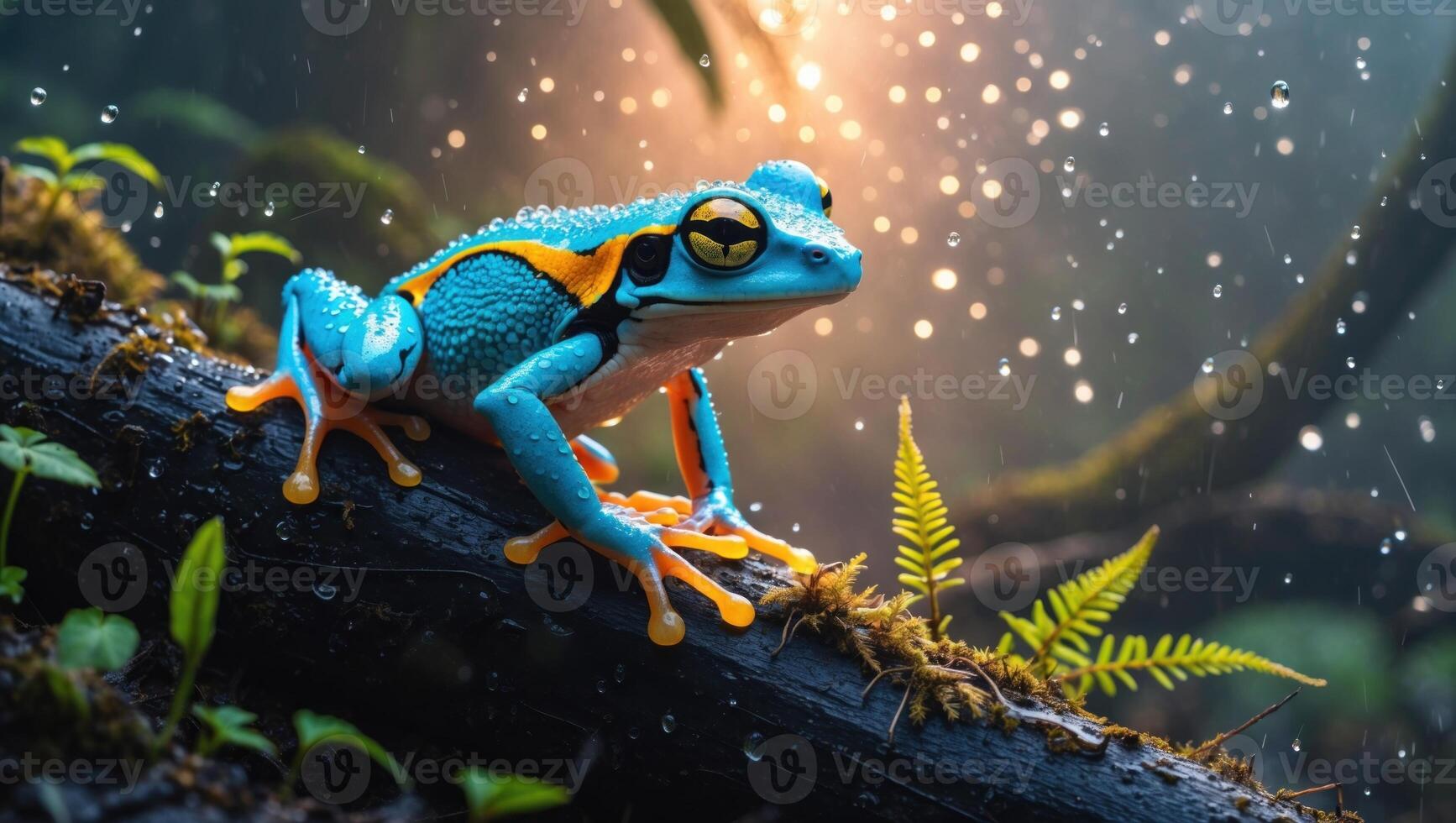Vibrant blue and orange frog perched on a mossy log amidst a misty rainforest with raindrops falling photo