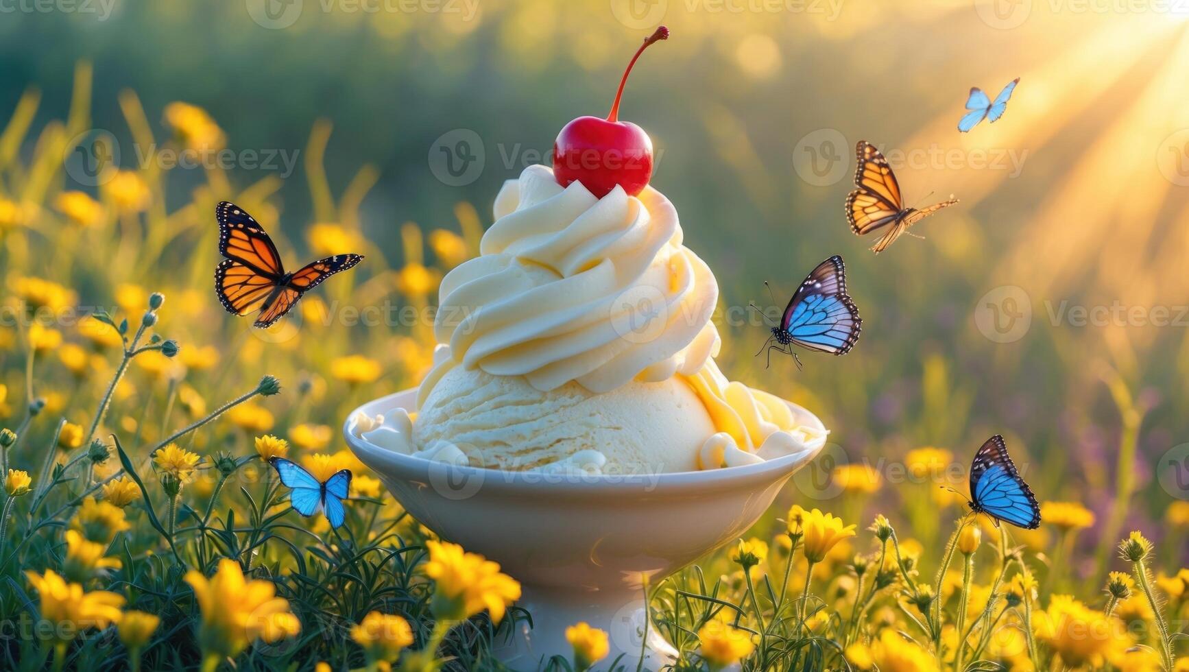 Delicious vanilla ice cream topped with a cherry, surrounded by colorful butterflies in a sunny field photo